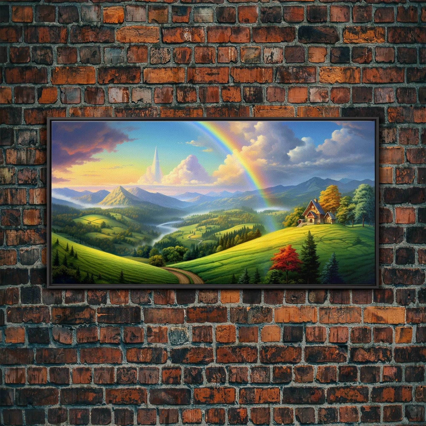 Rainbow Wall Decor, Fantasy Art, Mountains Wall Art, Panoramic Art, Wall Art, Canvas Art, Landscape Art, Appreciation Gift, College Dorm Art - 10x20 Inches / Black Frame