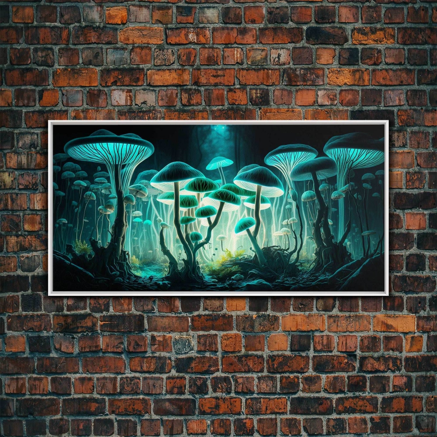 The Forest Floor, Framed Canvas Print, Glowing Mushrooms, Bioluminescent Mushroom Art, Color fantasy wall art - 10x20 Inches / White Frame