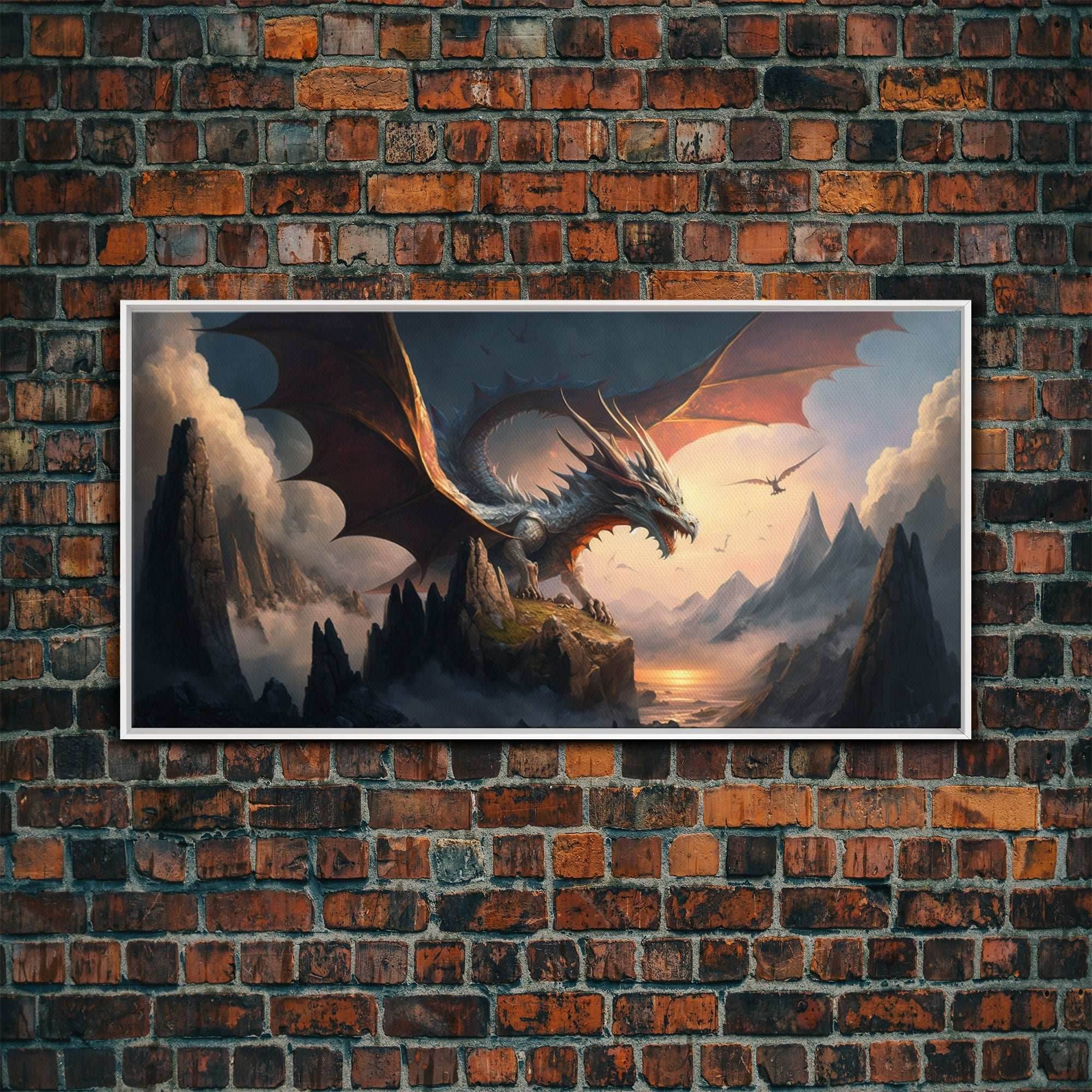 White Dragon on a Mountain Top, Fantasy Art, Framed Canvas Print, Medieval Fantasy Art, Fire breathing dragons - 10x20 Inches / White Frame