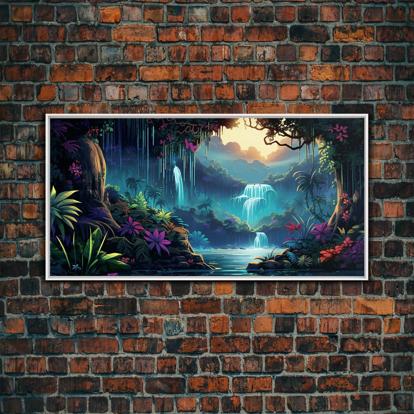 Fantasy Forest Wall Art, Waterfalls, Forest Wall Art, Trees Wall Print, Panoramic Art, Wall Art, Canvas Art, Landscape Art, Gaming Wall Art - 10x20 Inches / White Frame