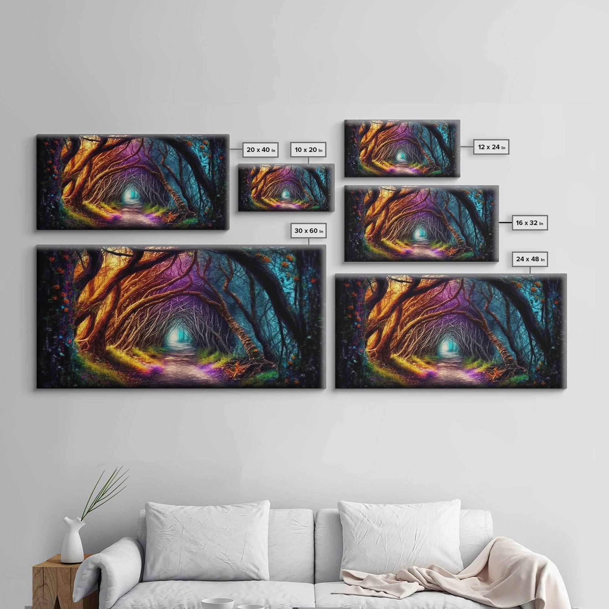 Secret Path, Fantasy Art, Pop Art Forest Landscape, Framed Canvas Print, Colorful Forest Painting, Living Room Art, Glowing Magical Forest - 10x20 Inches / Gallery Wrap Canvas - Ready To Hang