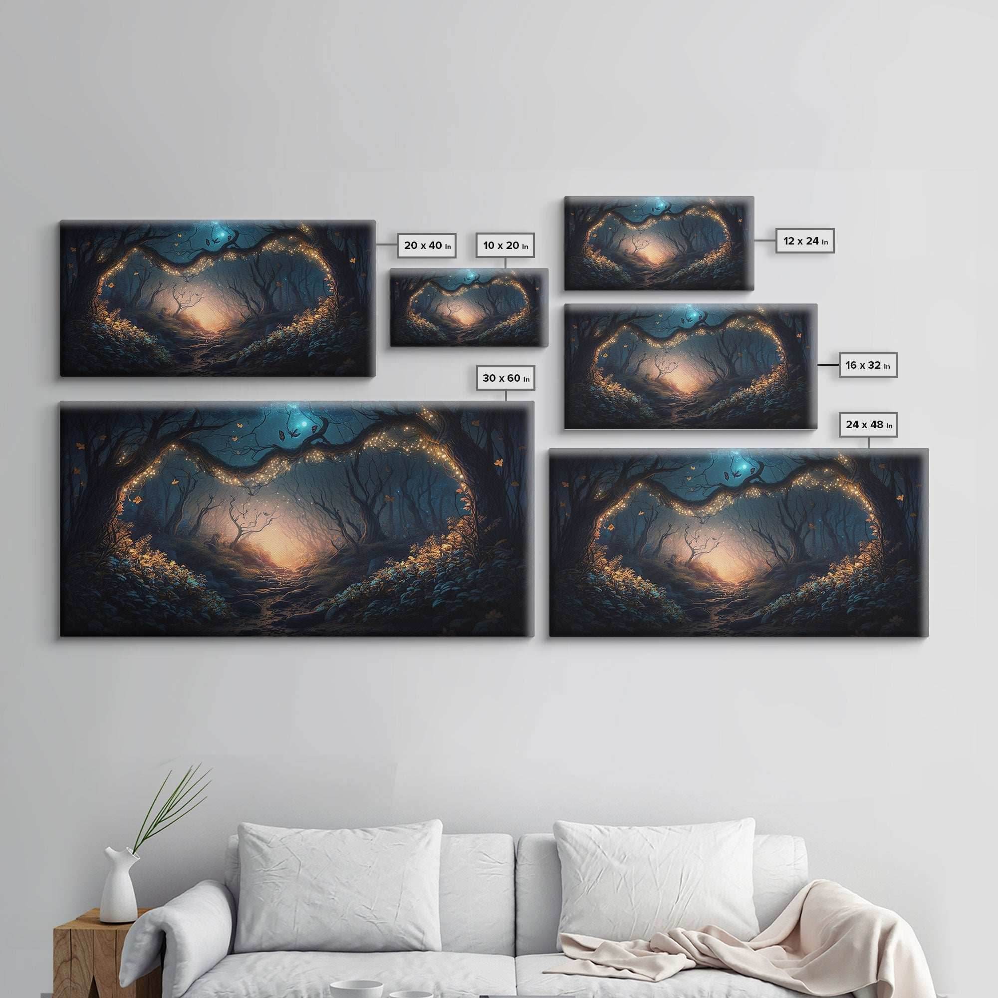 Wreath of Fireflies, Beautiful Fantasy Art, Framed Canvas Print, Moonlit Forest Floor Fantasy Concept Art - 10x20 Inches / Gallery Wrap Canvas - Ready To Hang