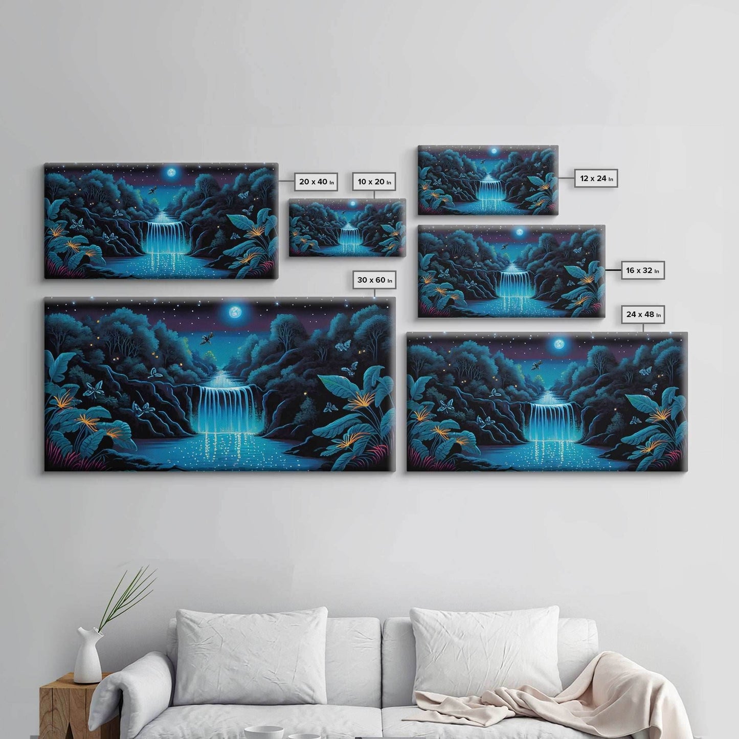 The Secret Waterfall, Enchanted Forest With Painting, Fantasy Art, Fairy House, Fantasy, Woodland Decor, Woods, Forest with Blue Butterflies - 10x20 Inches / Gallery Wrap Canvas - Ready To Hang