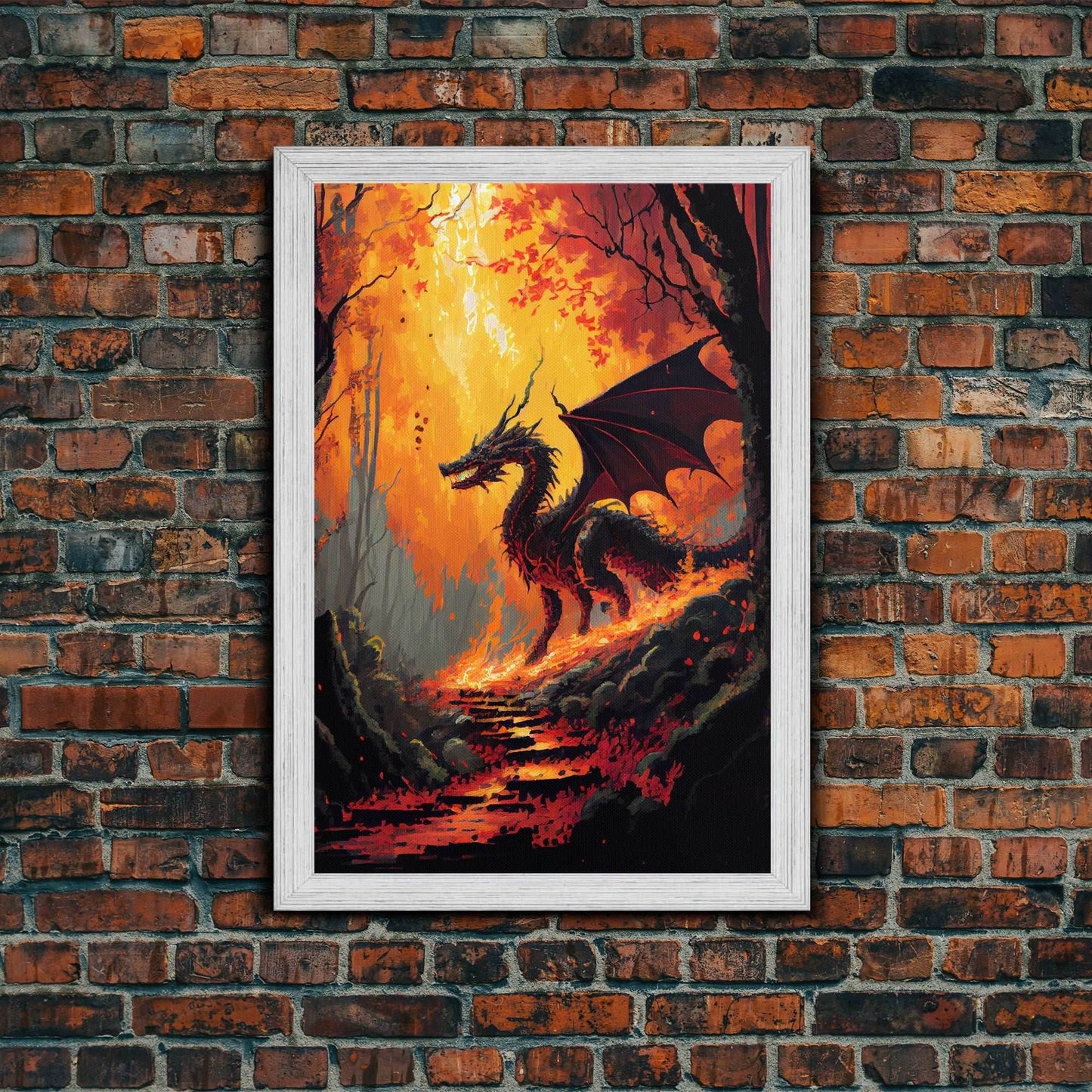 Dragon standing in a burned forest, fantasy art, fine art poster print - 8x12 Inches / Gold Frame