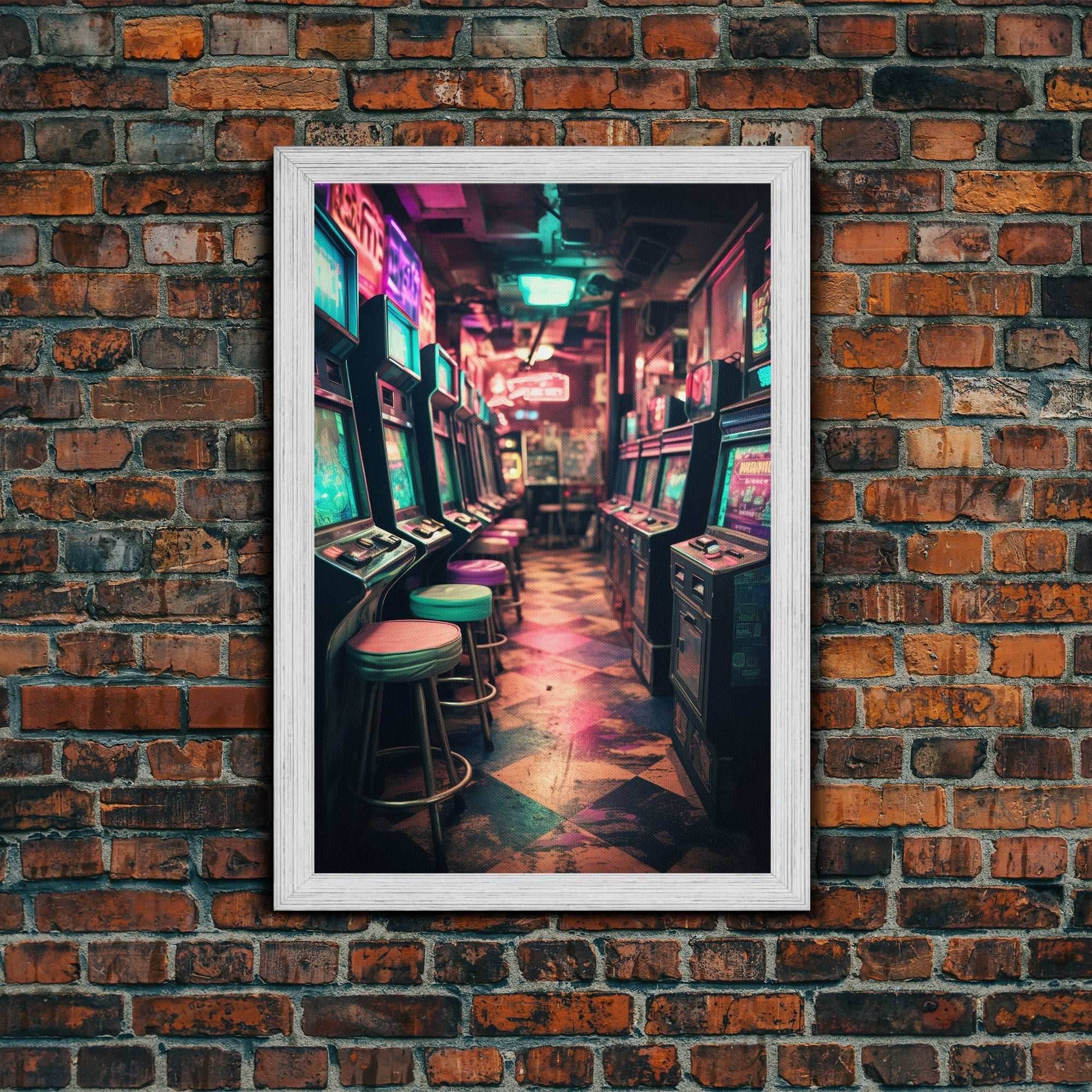 An Abandoned Game Room, Framed Canvas Print, Vaporwave Photography Fine Art Print, Aesthetic Decor, Colorful Art, Arcade Room Art - 8x12 Inches / Gold Frame
