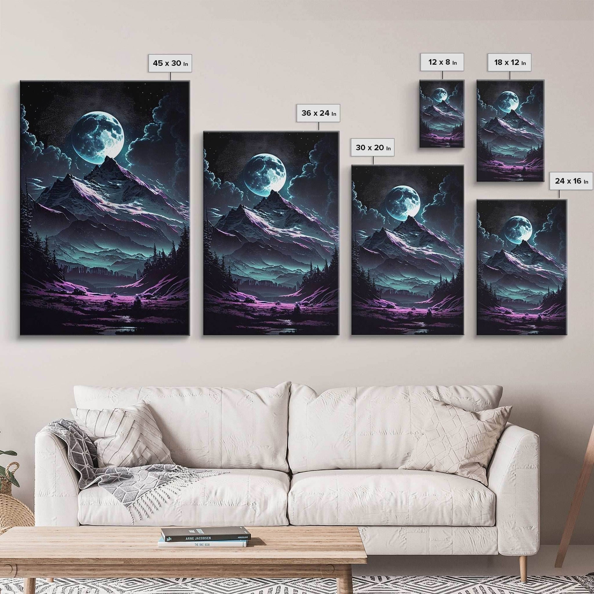 Mythical mountains fantasy art, framed canvas print, full moon over a mystical mountain landscape - 8x12 Inches / Gallery Wrap Canvas - Ready To Hang