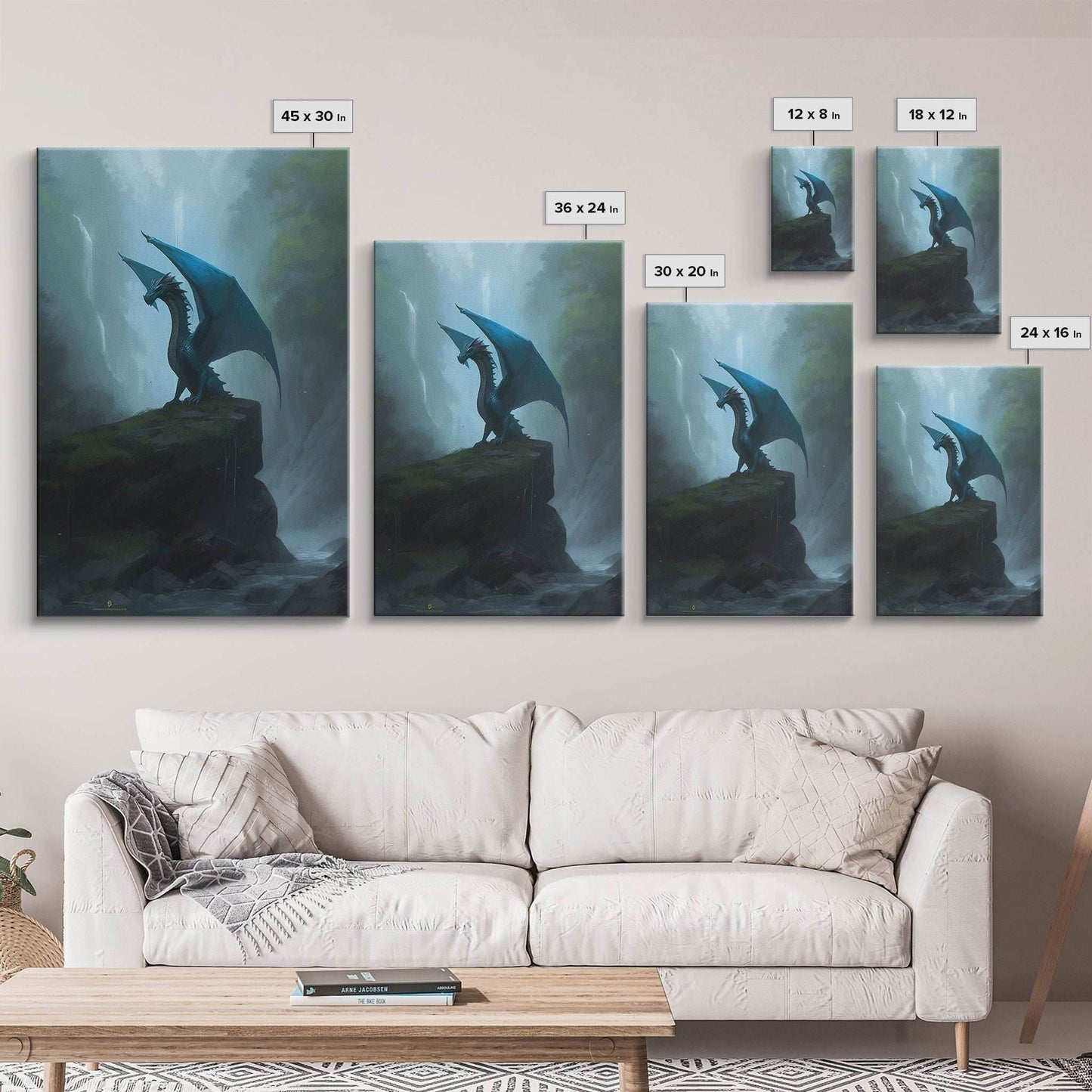 Majestic Forest Dragon Wall Art, Framed Canvas Print, Dragon Fantasy Painting, Forest Dragon Behind Secret Waterfalls Abstract Fantasy Art - 8x12 Inches / Gallery Wrap Canvas - Ready To Hang