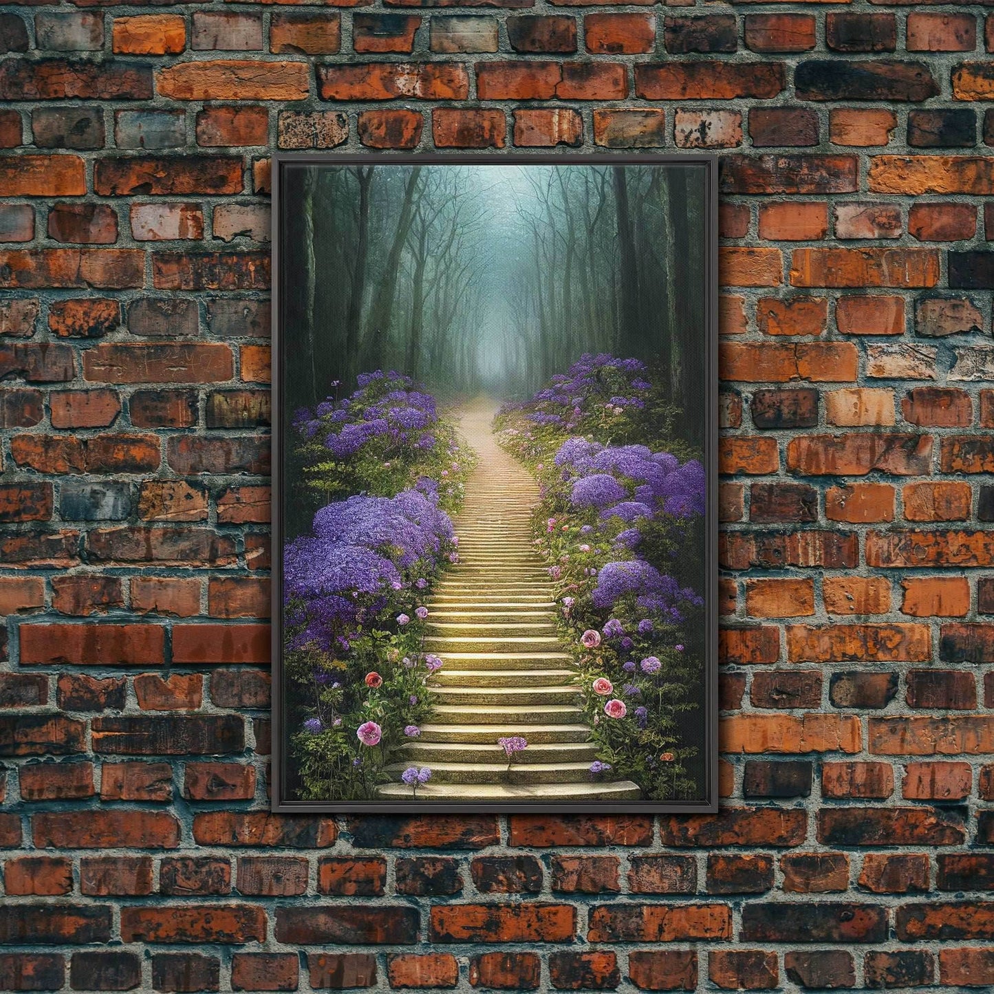 Lavender Lined Stairs Leading To The Haunted Forest, Fantasy Wall Art, framed canvas print, framed art - 8x12 Inches / Black Frame