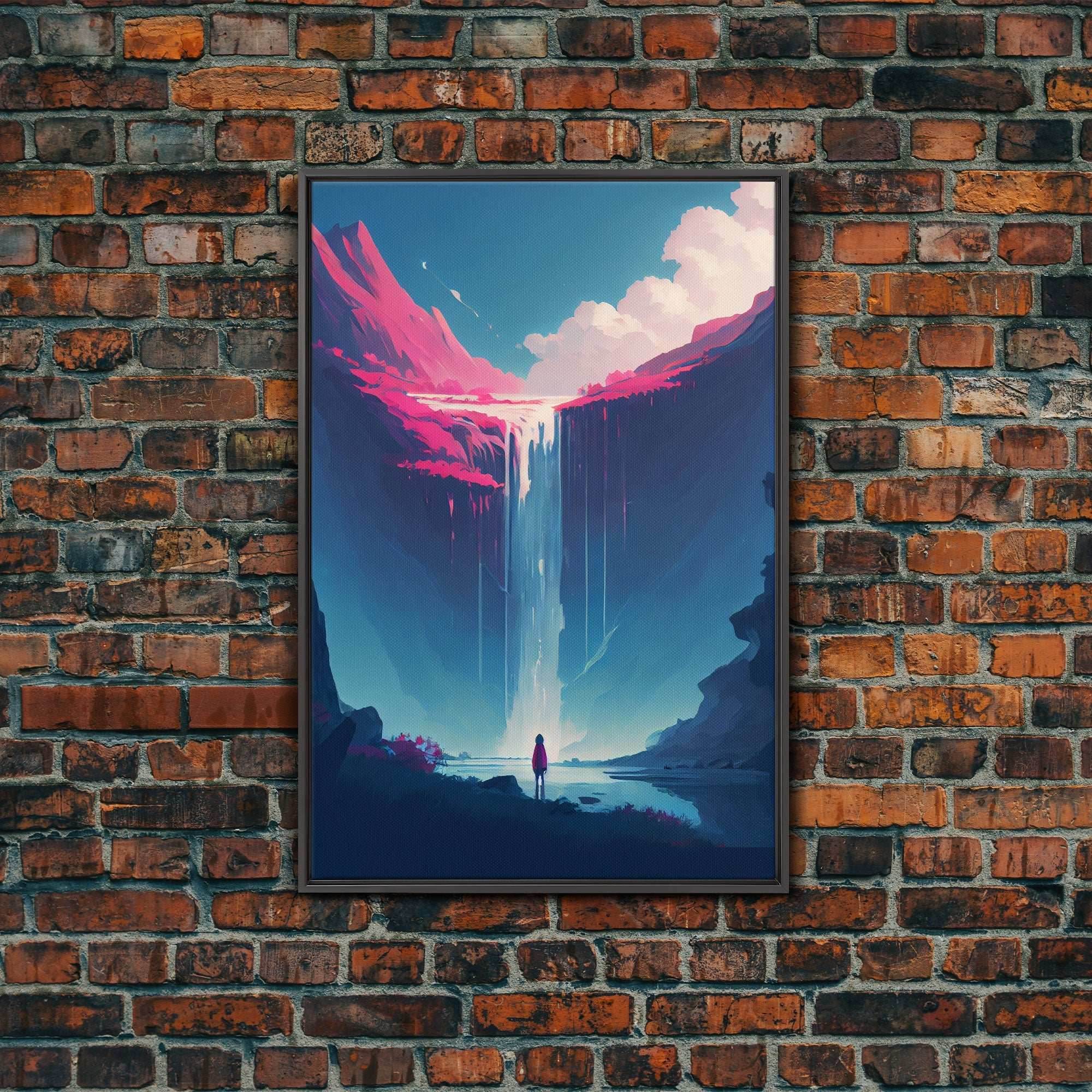 Mystical Fantasy Waterfall Purple Blue Wall Art Canvas Print - Vibrant Colorful Nature Scene Artwork - 8x12 Inches / Black Frame