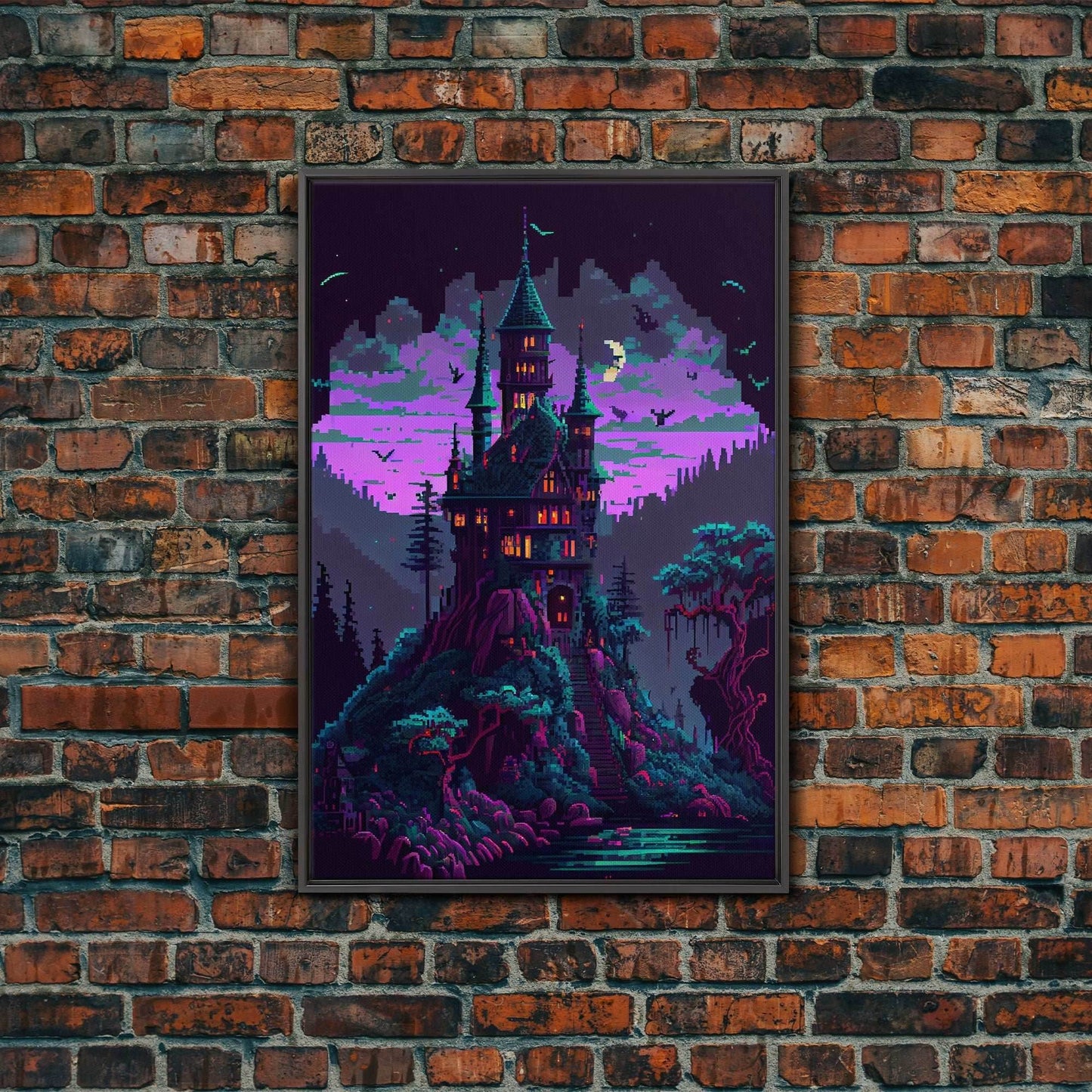 Transylvania Art, Cool Medieval castle 8 bit pixel art, fantasy art, framed canvas print, Cool castle art - 8x12 Inches / Black Frame