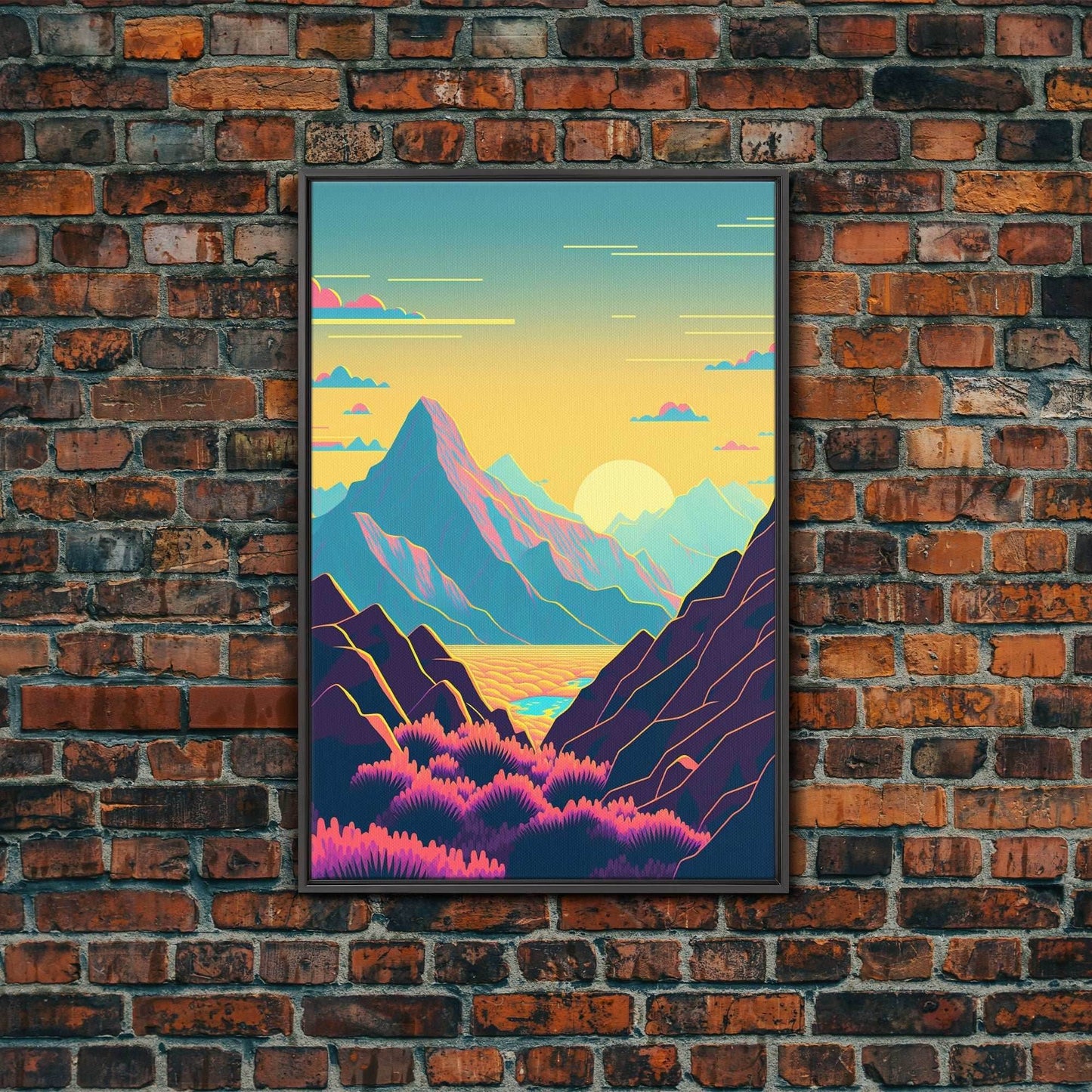 Peach Sunset, Fantasy Mountain Landscape Art, Framed Canvas Print, Minimalist Art Deco Inspired Wall Art - 8x12 Inches / Black Frame