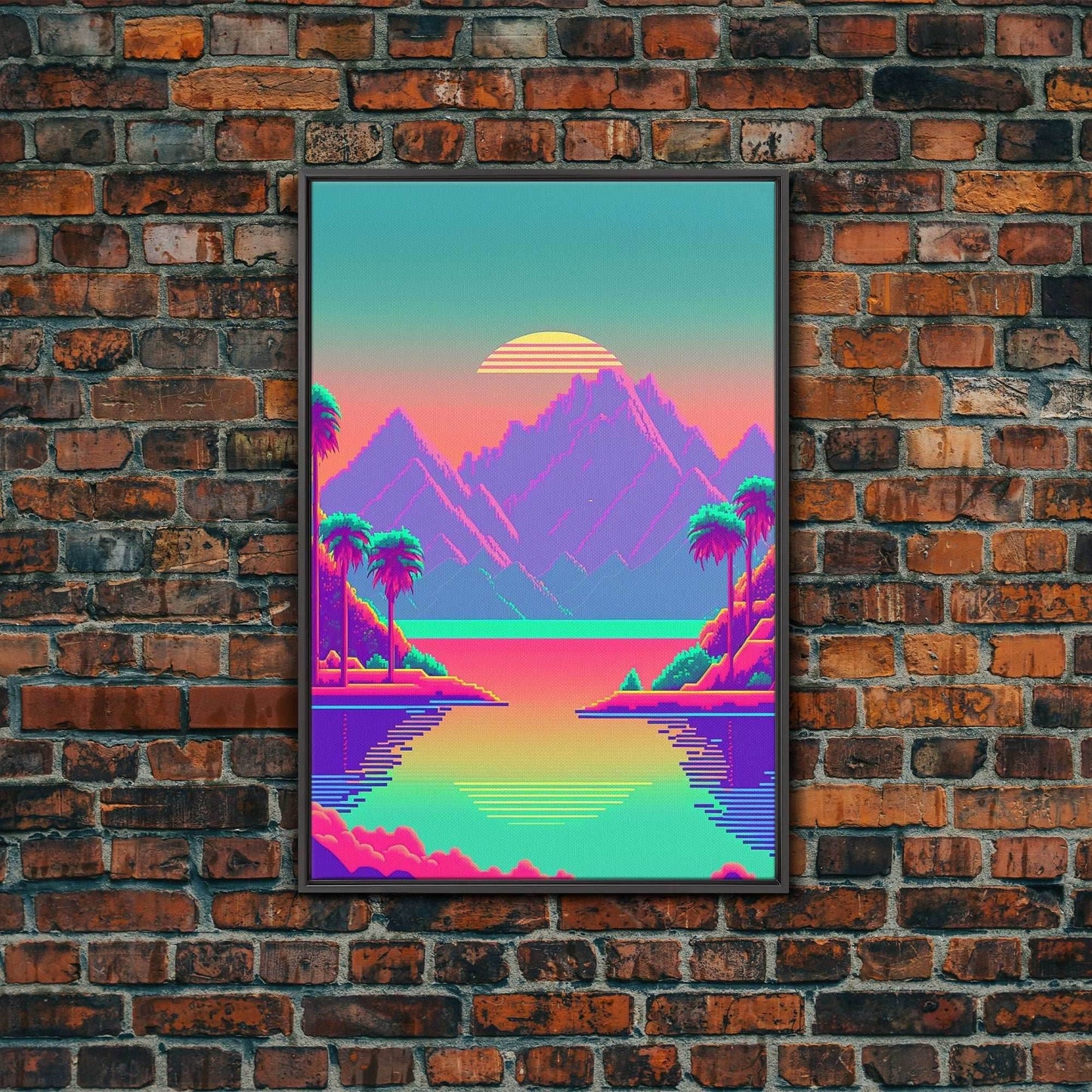 Retro Vaporwave Aesthetic Pixel Art Sunset, Turquoise and Pink Fantasy Landscape Art, Gamer Decor, Game Room Art - 8x12 Inches / Black Frame