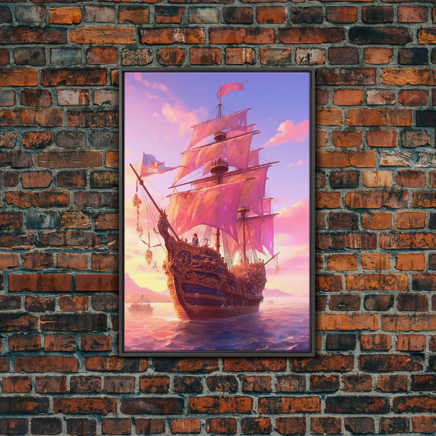 Gothic Pirate Ship at Sunset, Framed Canvas Print, Fantasy Wall Art, Wall Decor, Pirate Wal Art, Gift For Him, Kid's Room Art - 8x12 Inches / Black Frame