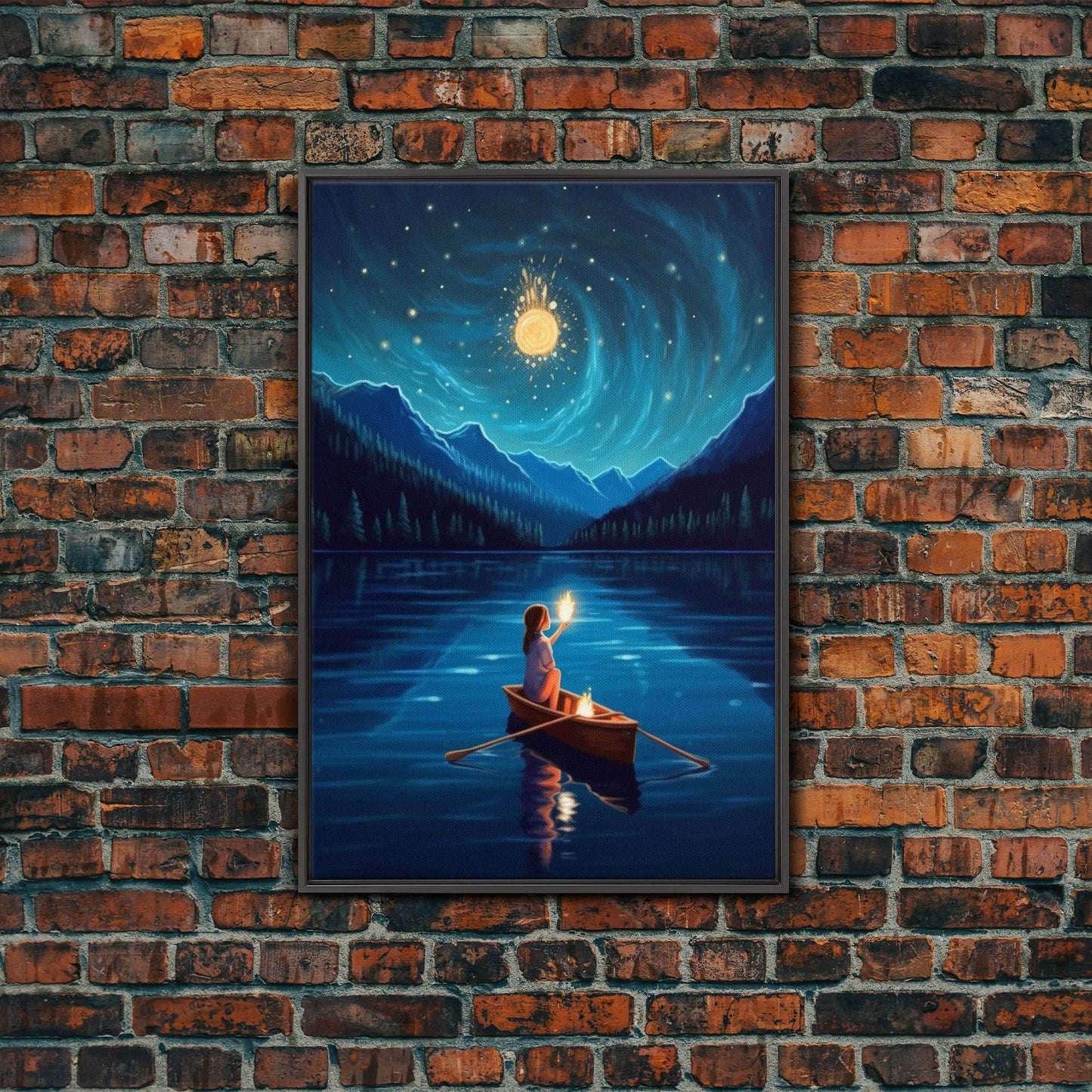 Starry Night, Girl Wizard Lights Up The Night Sky, Fantasy Art, Framed Canvas Print, Fantasy Painting Print, Original Art - 8x12 Inches / Black Frame
