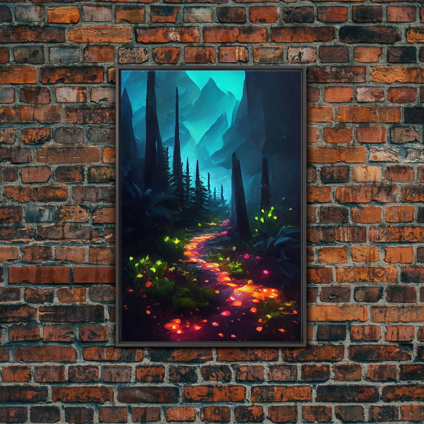 Luminescent magical forest canvas print, glowing trail though the trees, fantasy art, gloomy wall art, dark decor - 8x12 Inches / Black Frame