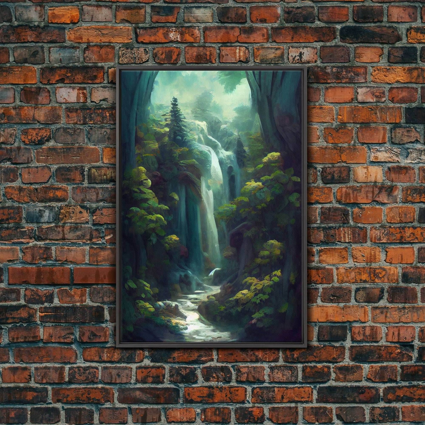 Waterfall canvas print, fantasy wall art, watercolor print, high fantasy, nature landscape living room wall art - 8x12 Inches / Black Frame