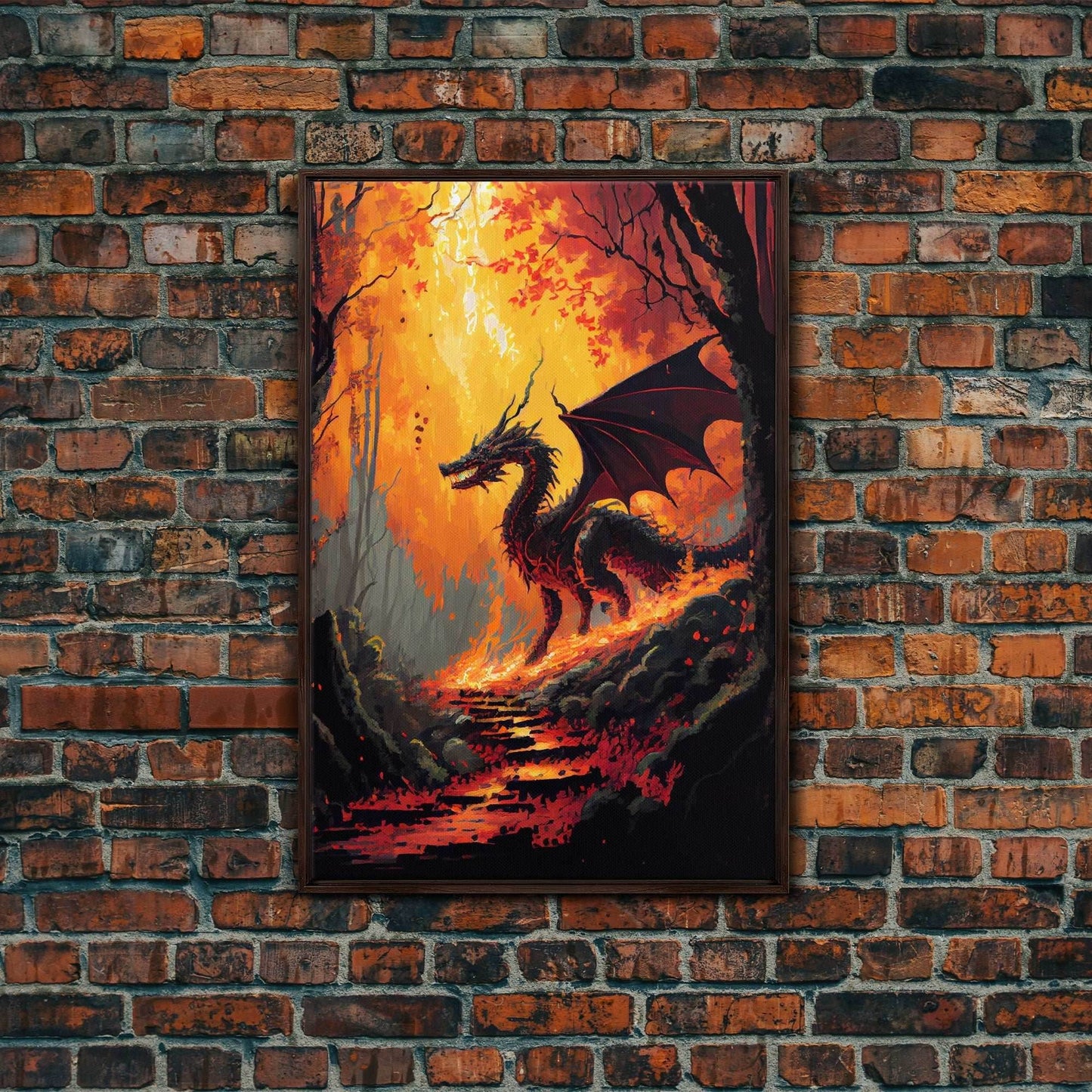 Dragon standing in a burned forest, fantasy art, fine art poster print - 8x12 Inches / Walnut Frame