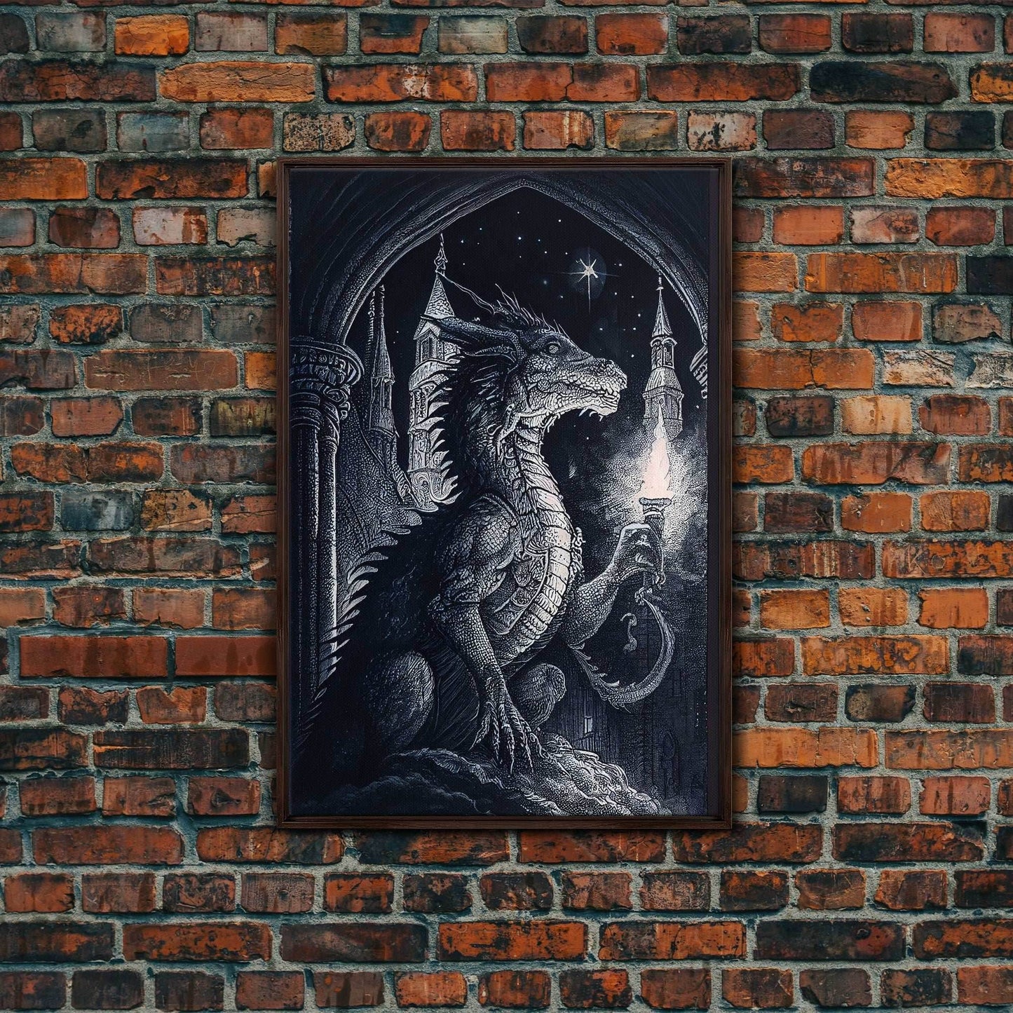 Black and white fantasy dragon, framed canvas print - 8x12 Inches / Walnut Frame