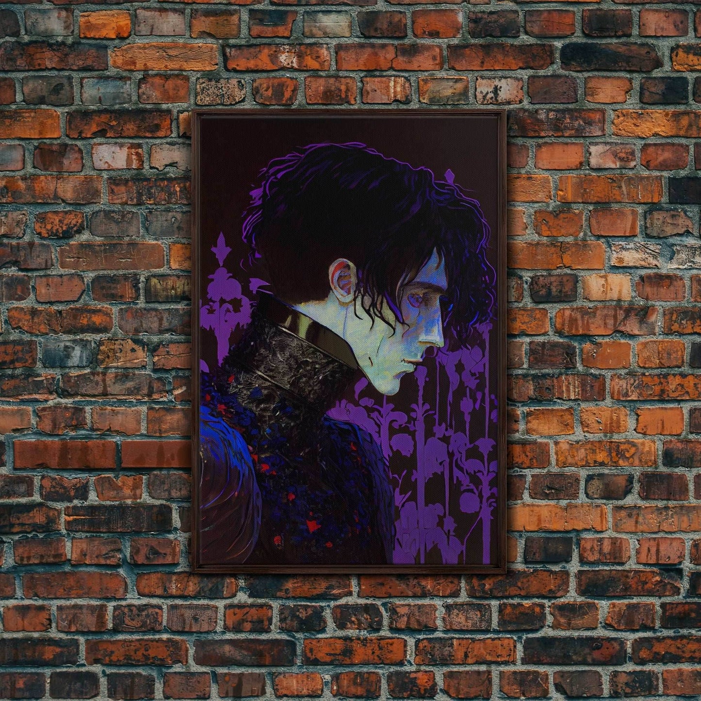 Portrait off the black knight, purple fantasy art, framed canvas print wall art - 8x12 Inches / Walnut Frame