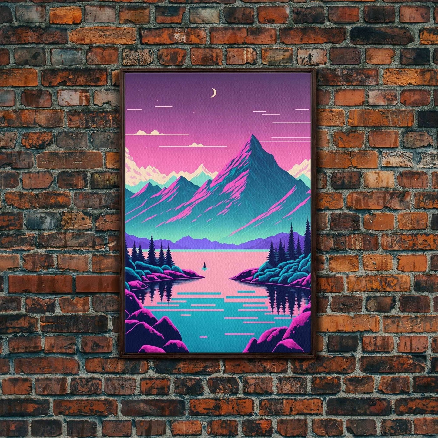Pink and Purple Fantasy Mountain Art, Framed Canvas Print, Pacific Northwest Inspired Fantasy Art, Pop Art - 8x12 Inches / Walnut Frame