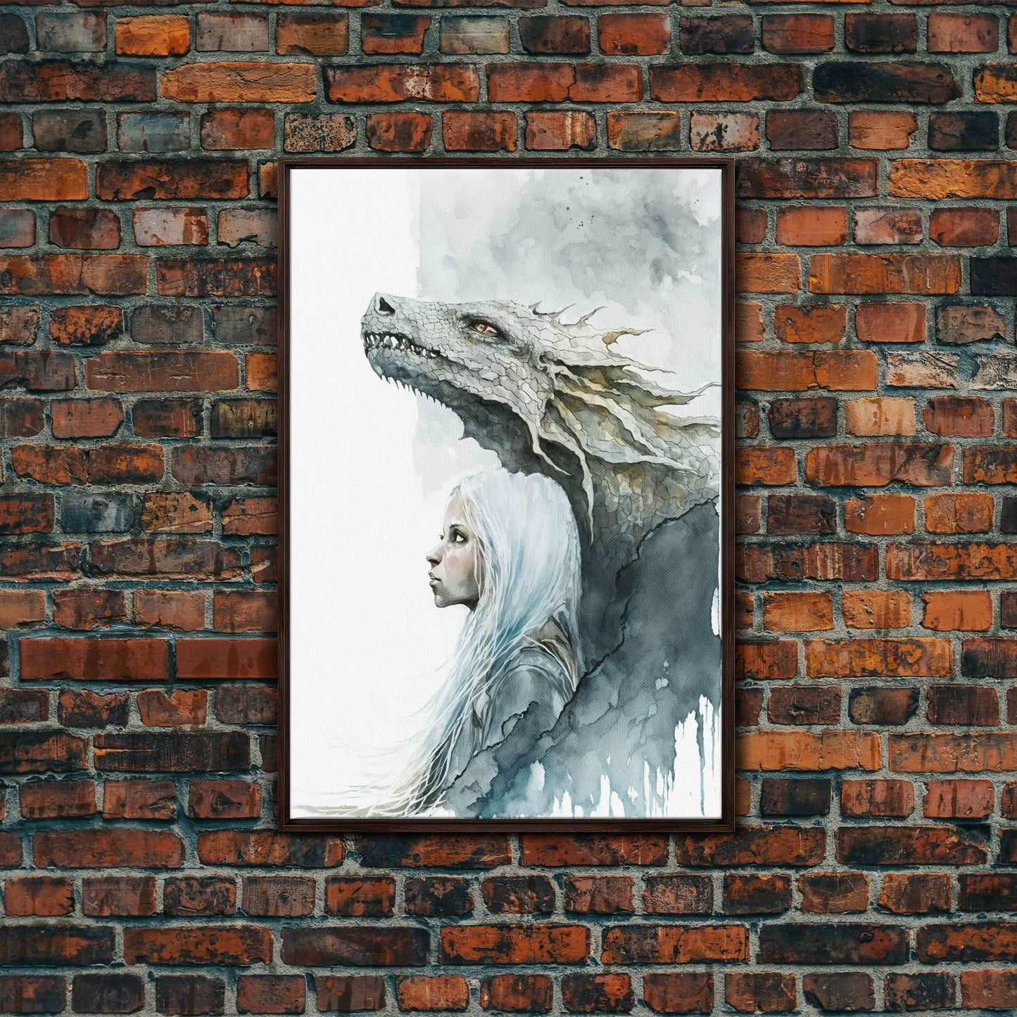 The Girl and Her Dragon, Wall Art, Fantasy Art, Art Print, Framed Canvas Art, Canvas Print, Gamer Decor, Gamer Girl Gift - 8x12 Inches / Walnut Frame