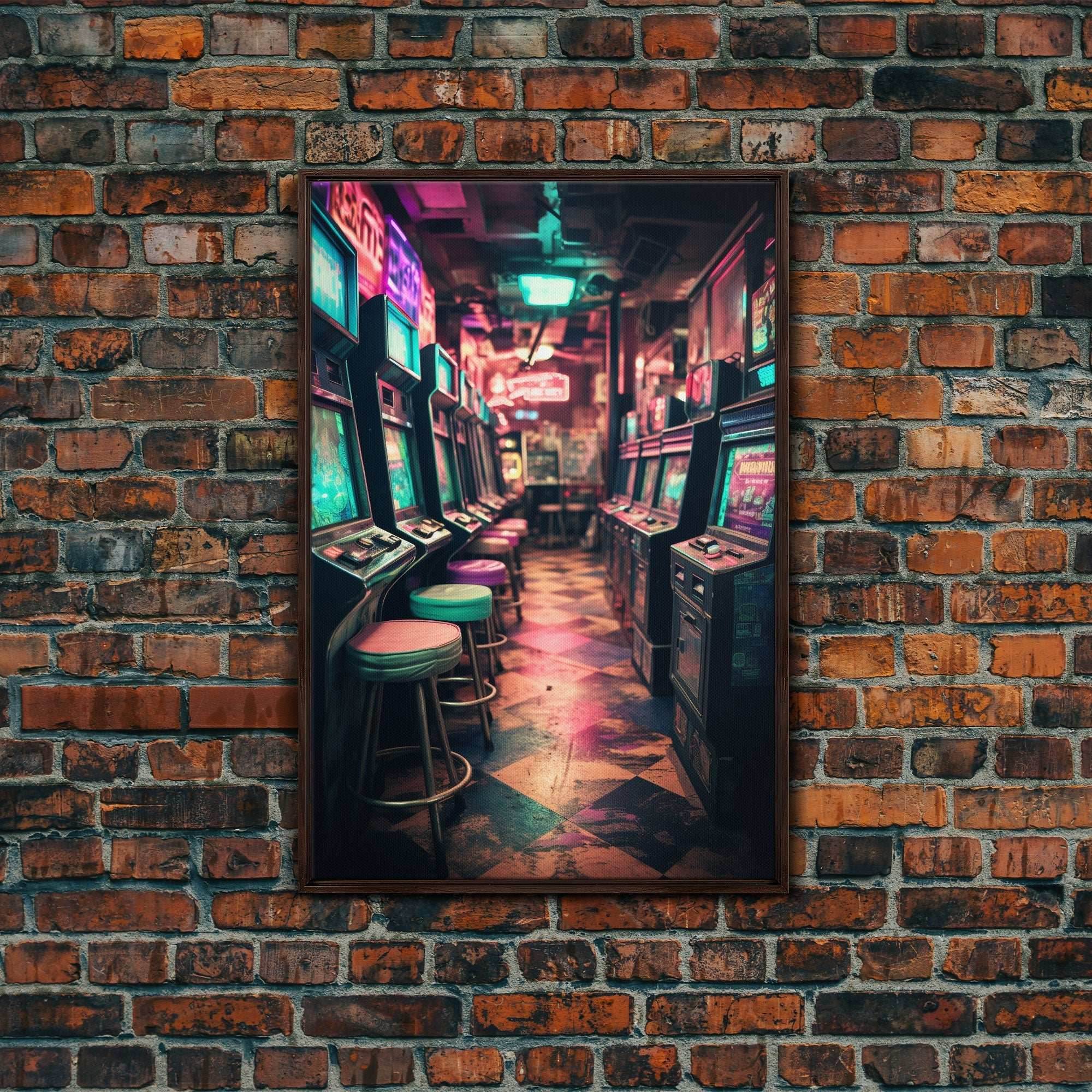 An Abandoned Game Room, Framed Canvas Print, Vaporwave Photography Fine Art Print, Aesthetic Decor, Colorful Art, Arcade Room Art - 8x12 Inches / Walnut Frame