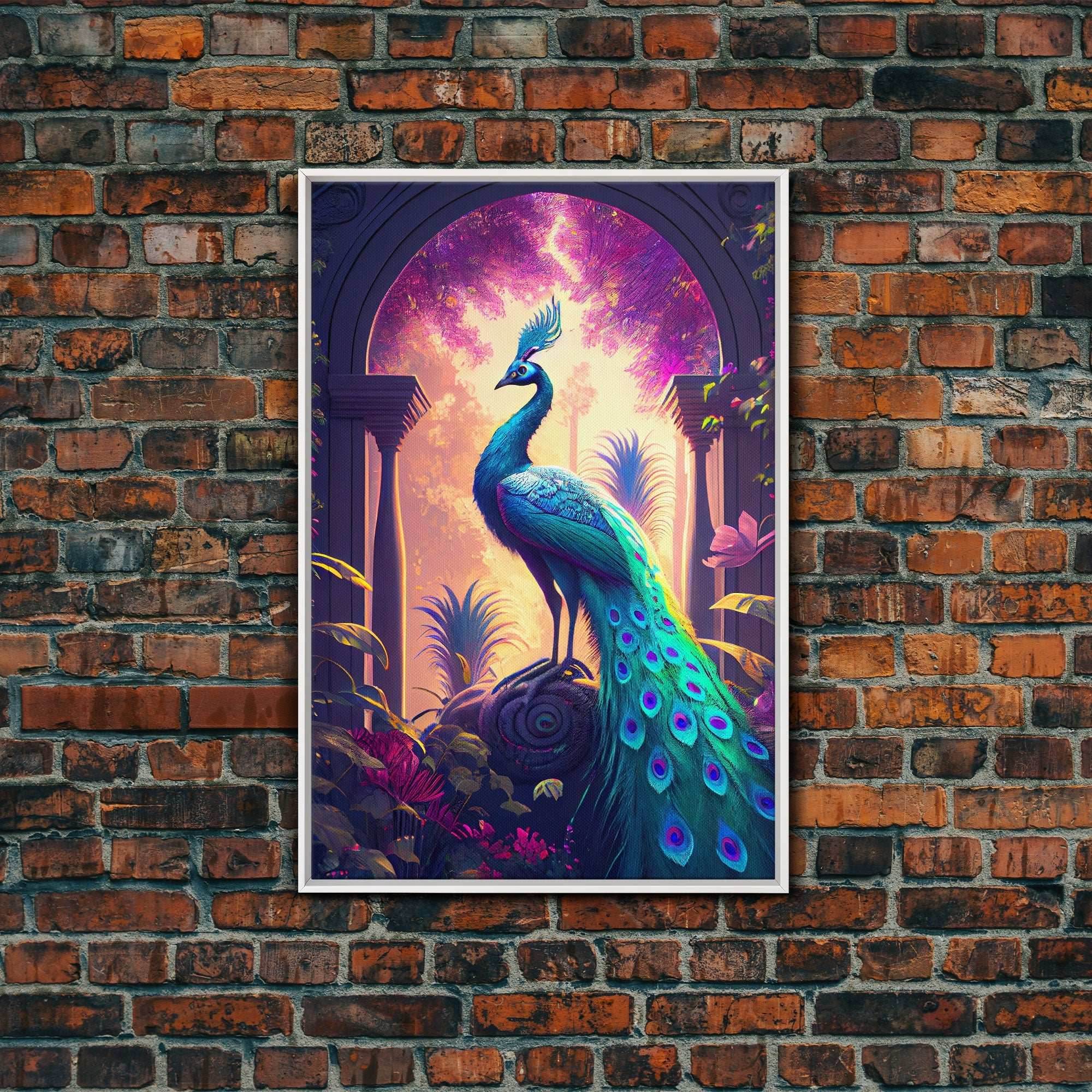 Turquoise peacock art, fantasy decor, framed canvas print - 8x12 Inches / White Frame