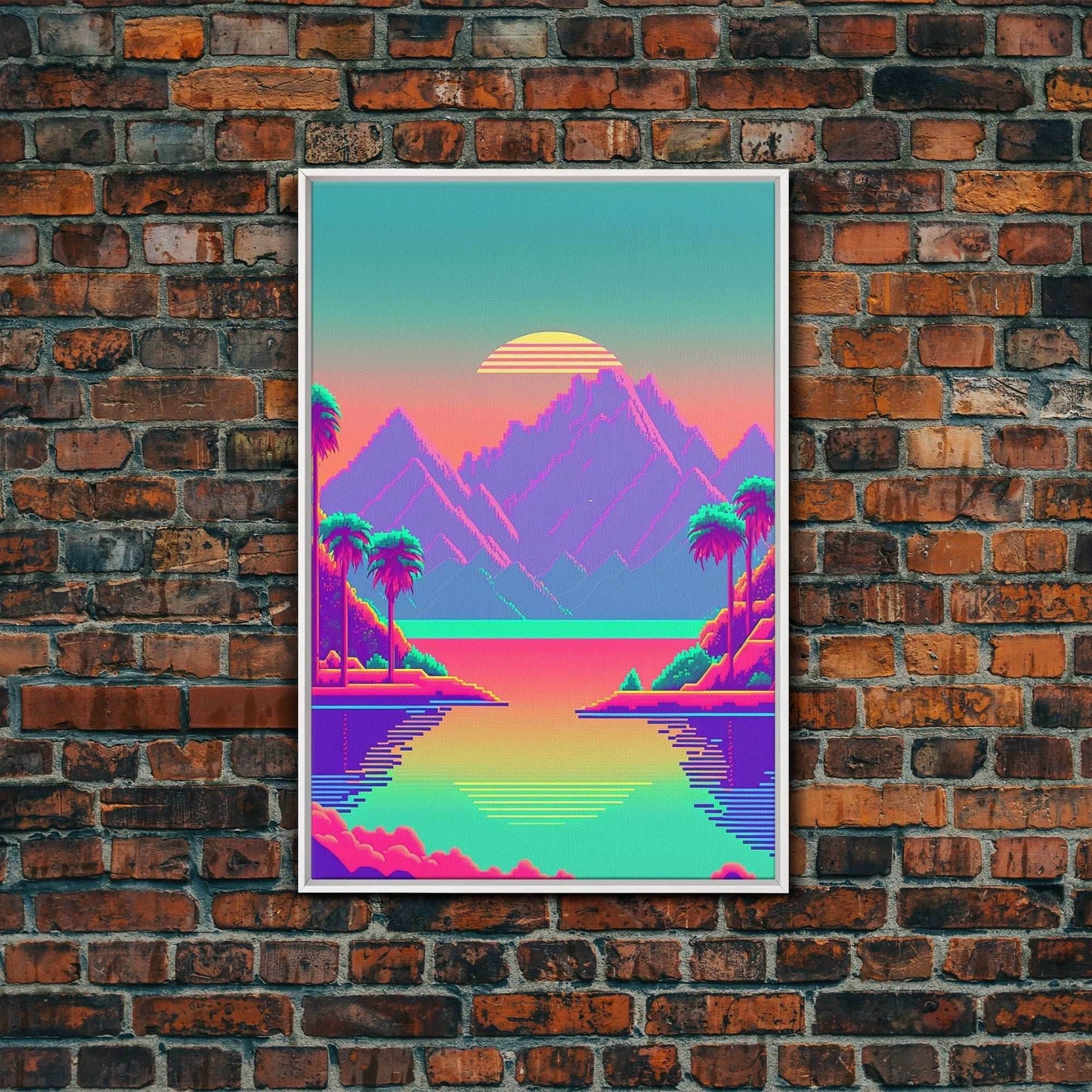 Retro Vaporwave Aesthetic Pixel Art Sunset, Turquoise and Pink Fantasy Landscape Art, Gamer Decor, Game Room Art - 8x12 Inches / White Frame
