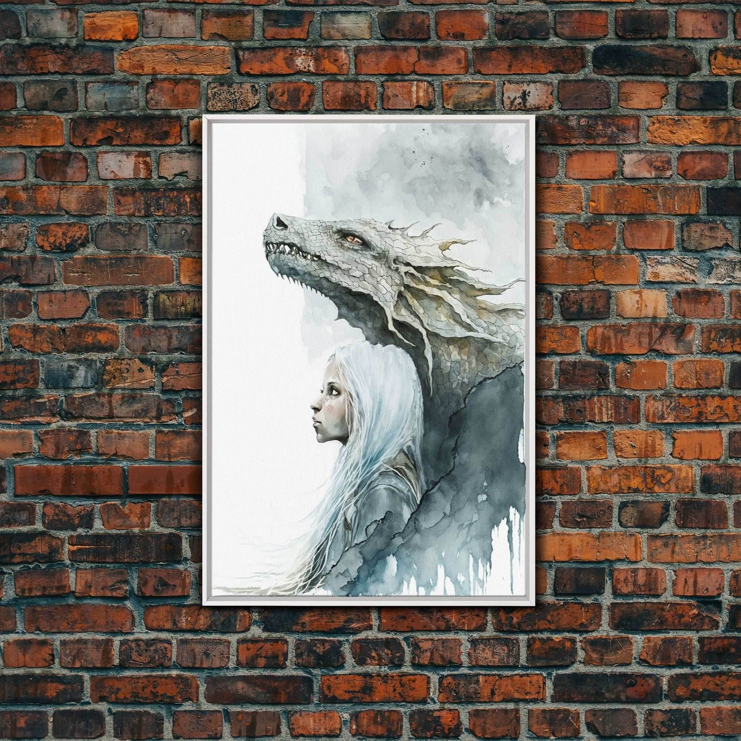 The Girl and Her Dragon, Wall Art, Fantasy Art, Art Print, Framed Canvas Art, Canvas Print, Gamer Decor, Gamer Girl Gift - 8x12 Inches / White Frame