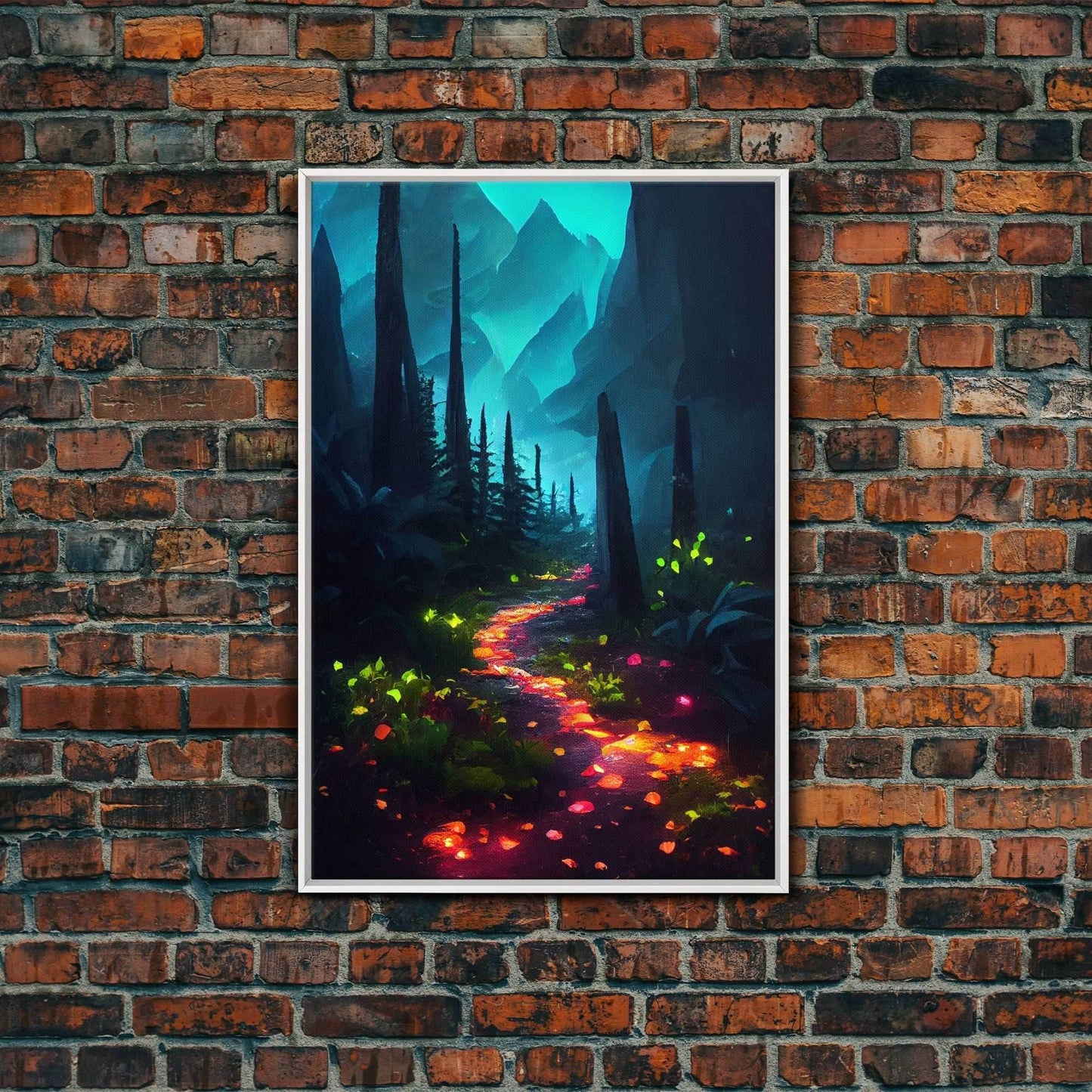 Luminescent magical forest canvas print, glowing trail though the trees, fantasy art, gloomy wall art, dark decor - 8x12 Inches / White Frame
