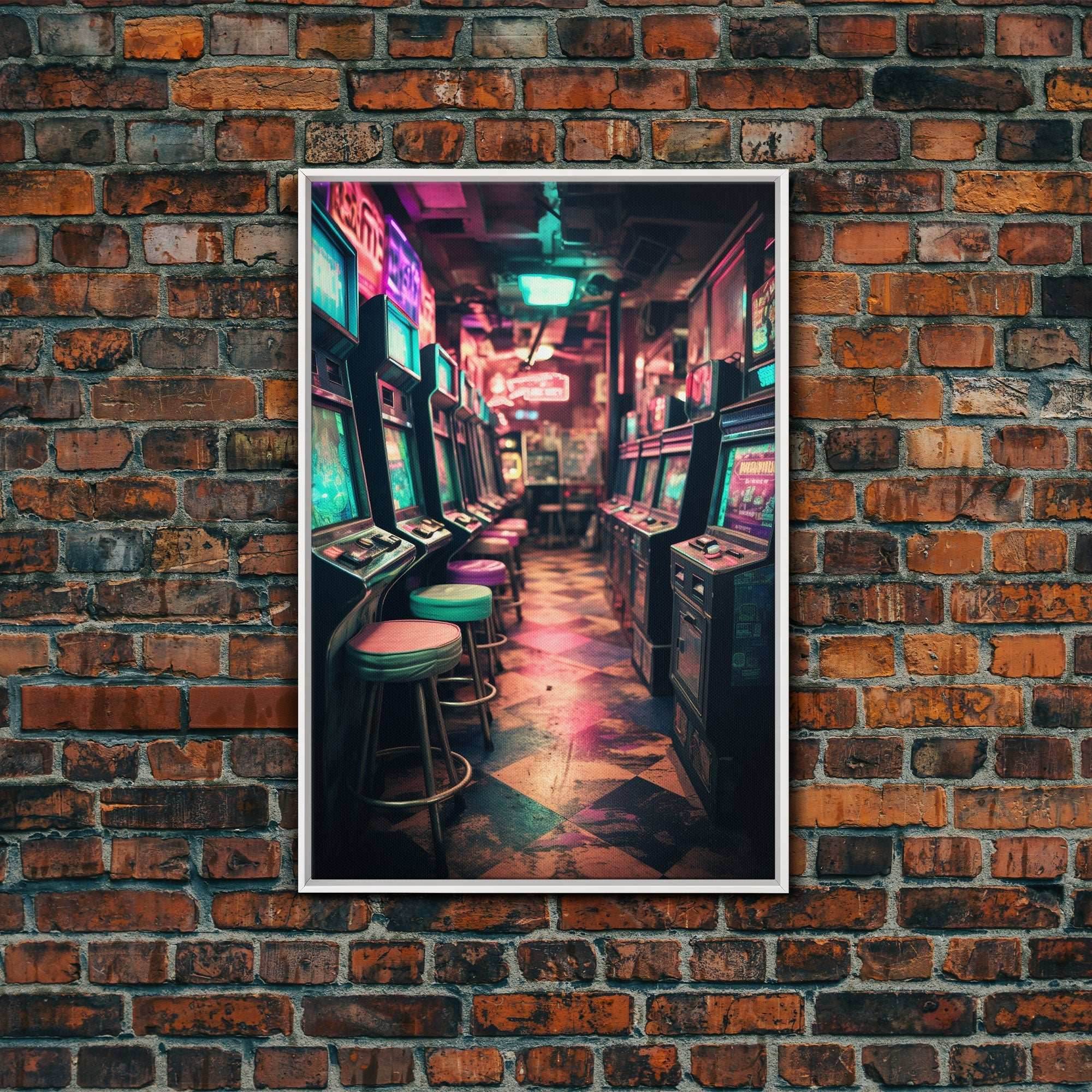 An Abandoned Game Room, Framed Canvas Print, Vaporwave Photography Fine Art Print, Aesthetic Decor, Colorful Art, Arcade Room Art - 8x12 Inches / White Frame