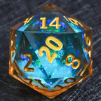 35mm clear gold resin blue glitter liquid core giant D20 dice with gold numbers