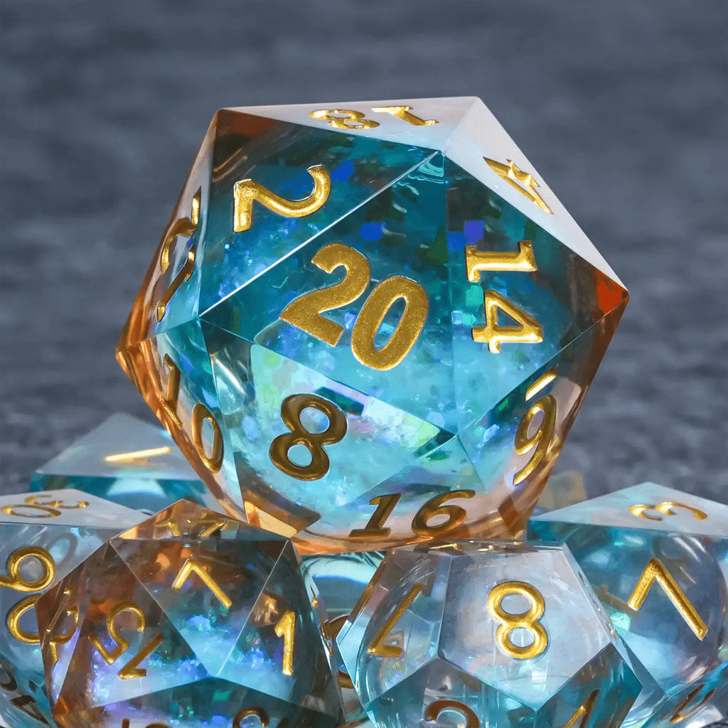35mm clear gold resin blue glitter liquid core giant D20 dice with gold numbers