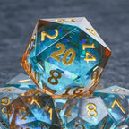 35mm clear gold resin blue glitter liquid core giant D20 dice with gold numbers