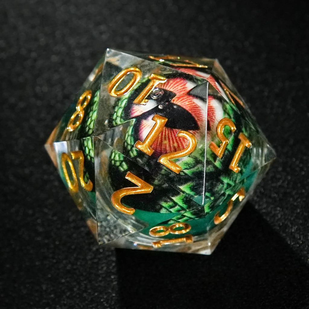 35mm Giant Green Dragon Eye Liquid Core Resin D20 Dice + Gold Numbers