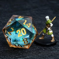35mm clear gold resin blue glitter liquid core giant D20 dice with gold numbers