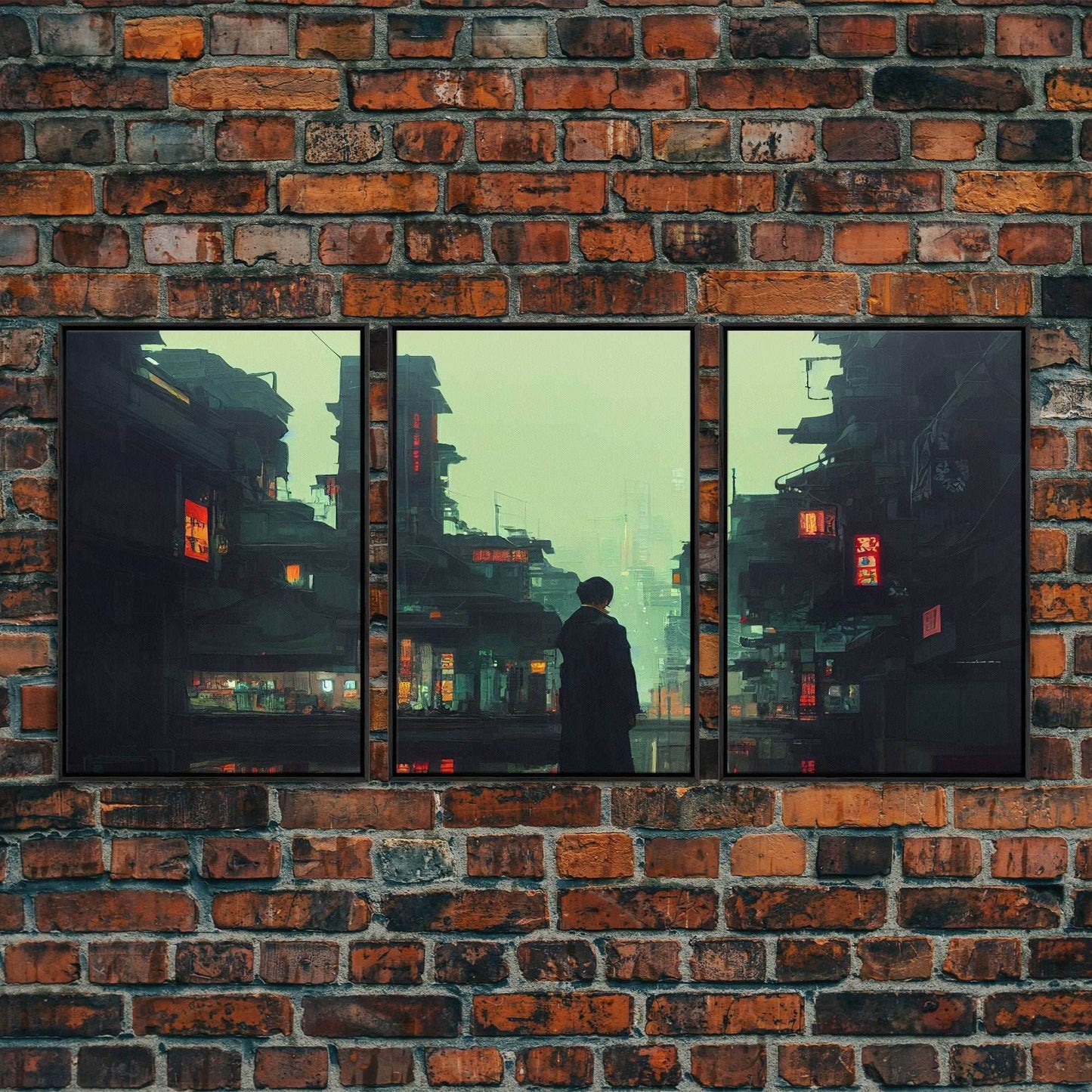 80s Style Cyberpunk Tokyo, Retrofuturism, Dystopian art, 3 piece wall art, 3 piece canvas print - 8x12 In. - 3 Pieces / Black Frame