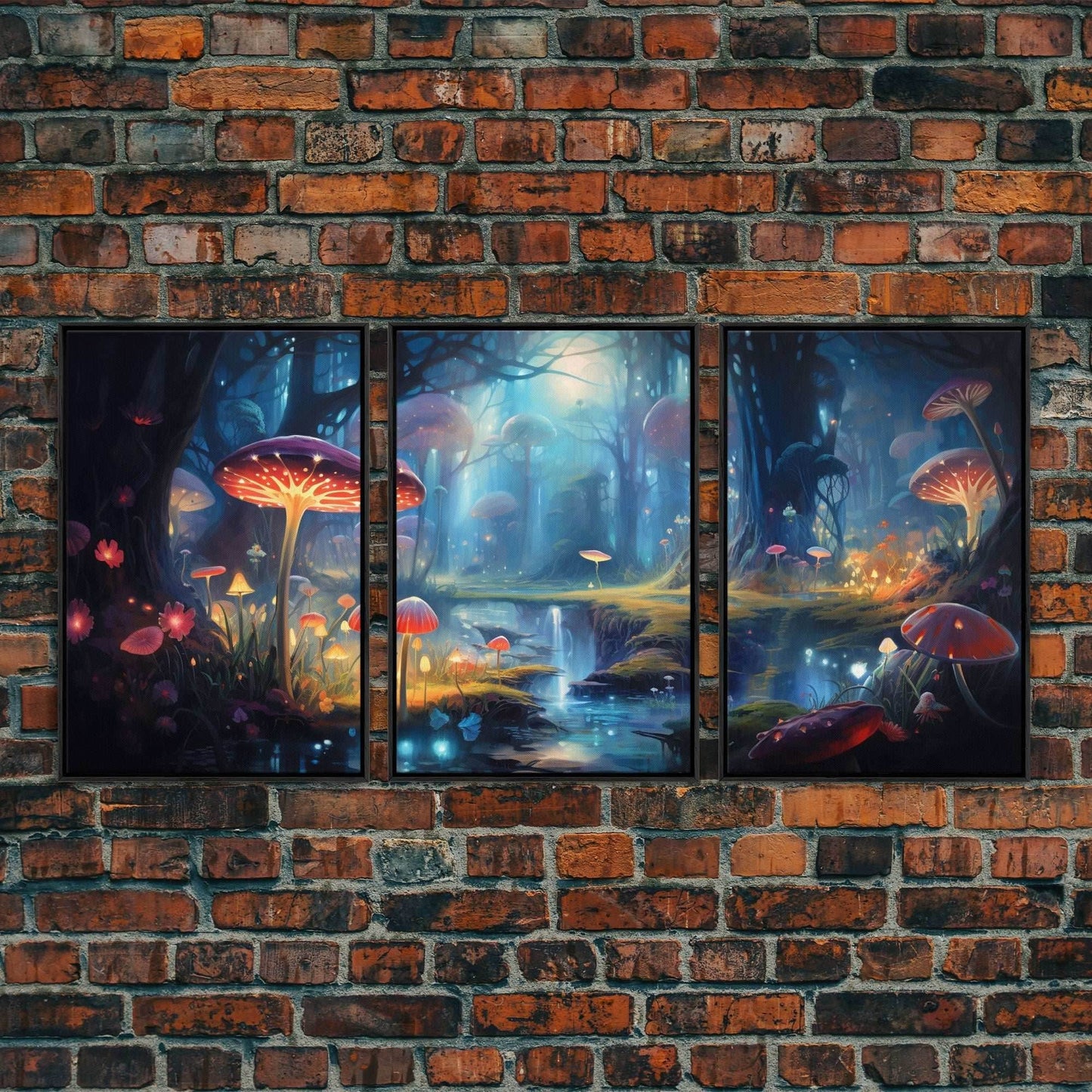 Magical dark forest art print on canvas, fantasy forest, oil style painting, large landscape wall art for home, ready to hang, 3 Piece Art - 8x12 In. - 3 Pieces / Black Frame