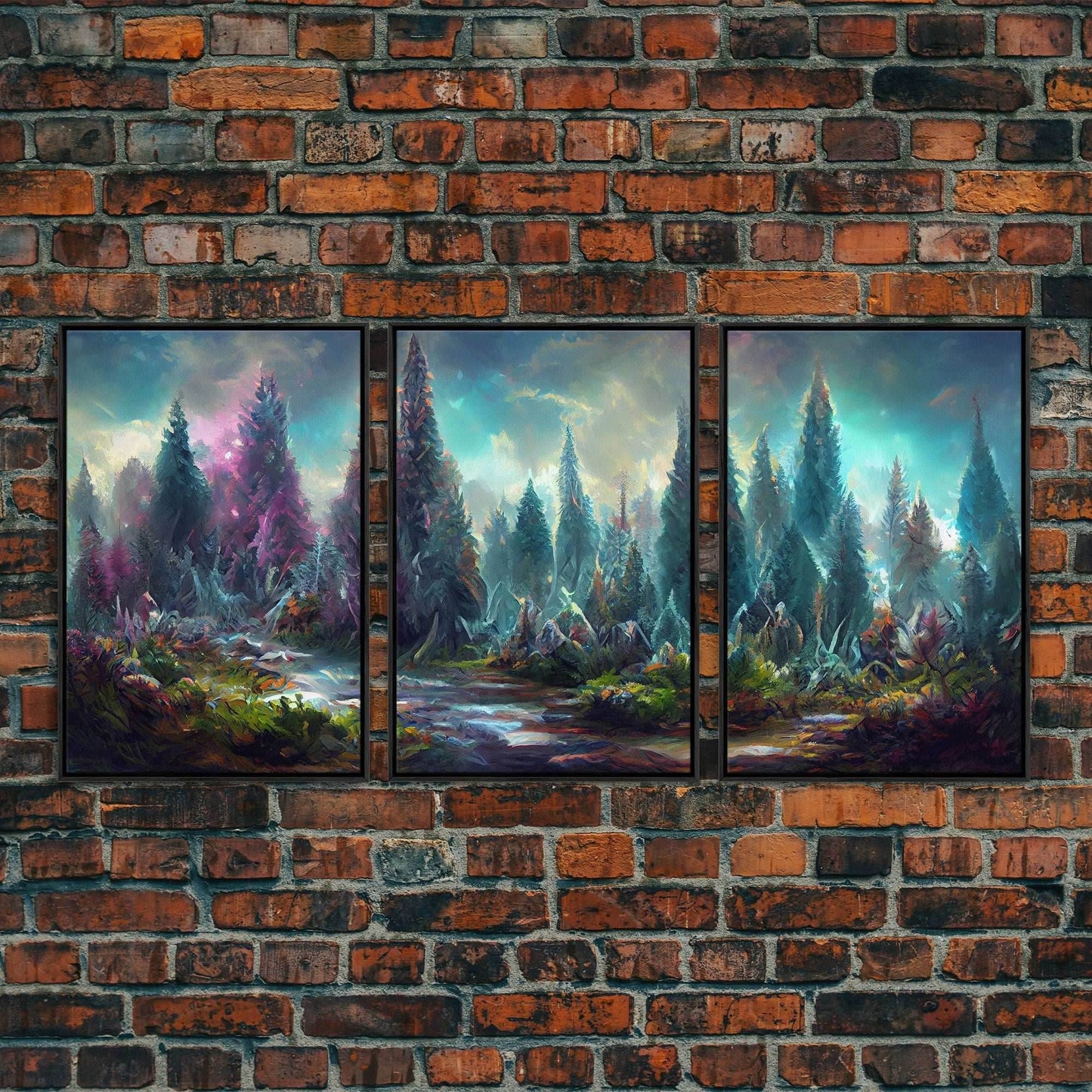 High Fantasy Forest Wall Art, Panoramic Art, Fantasy RPG Concept Art, 3 Piece Wall Art, Ready To Hang Canvas Print - 8x12 In. - 3 Pieces / Black Frame