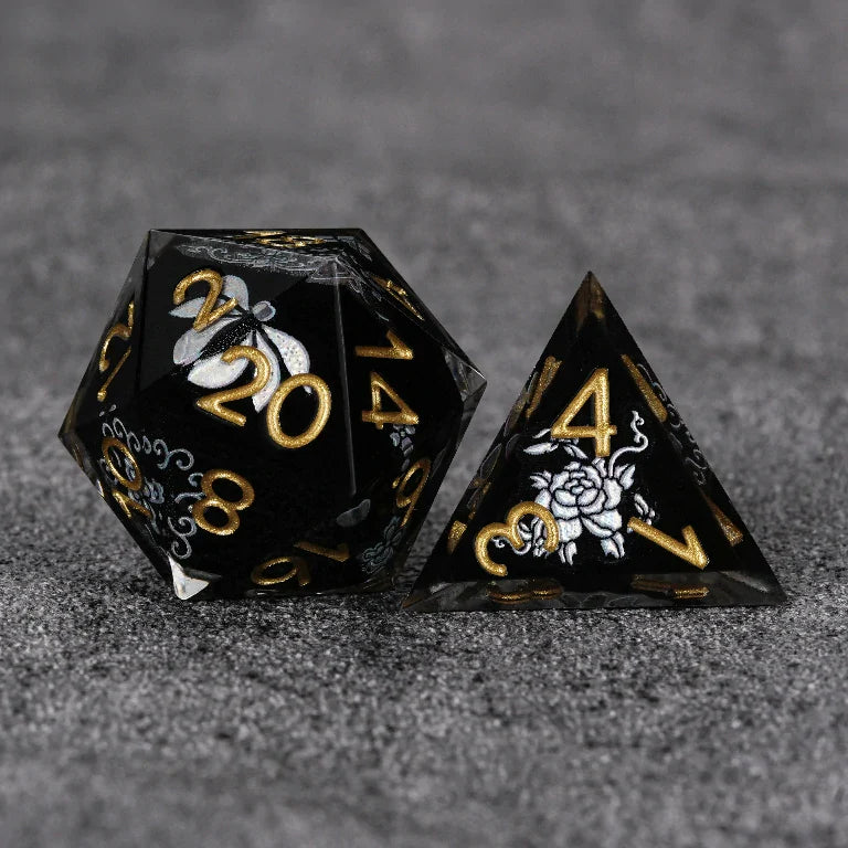 Black resin DND dice set with silver-white vintage magic emblem + gold numbers