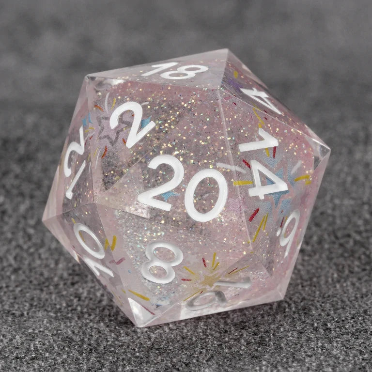 Fireworks Pink Glitter Transparent Resin DND Dice Set