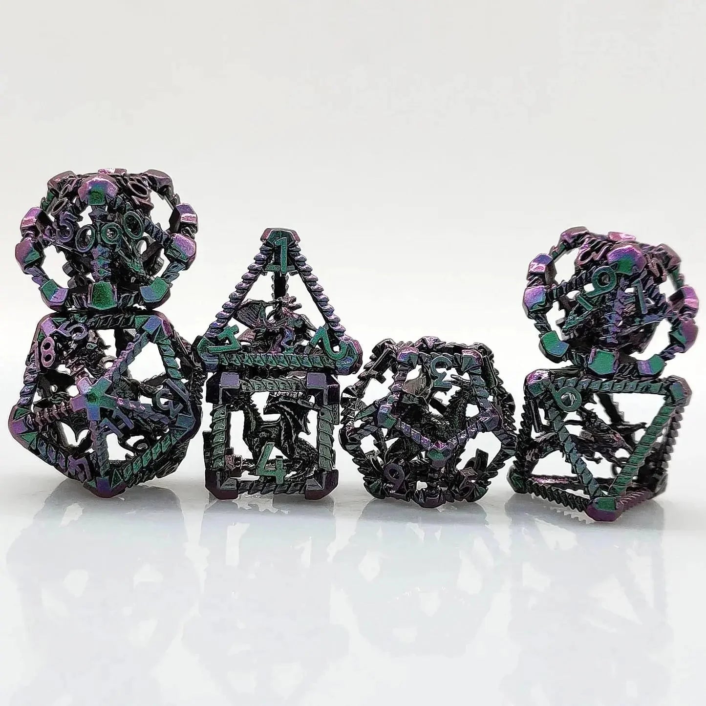 3D Metal Pterosaur Hollow Polyhedron DND Dice Set + Gradient Purple Blue