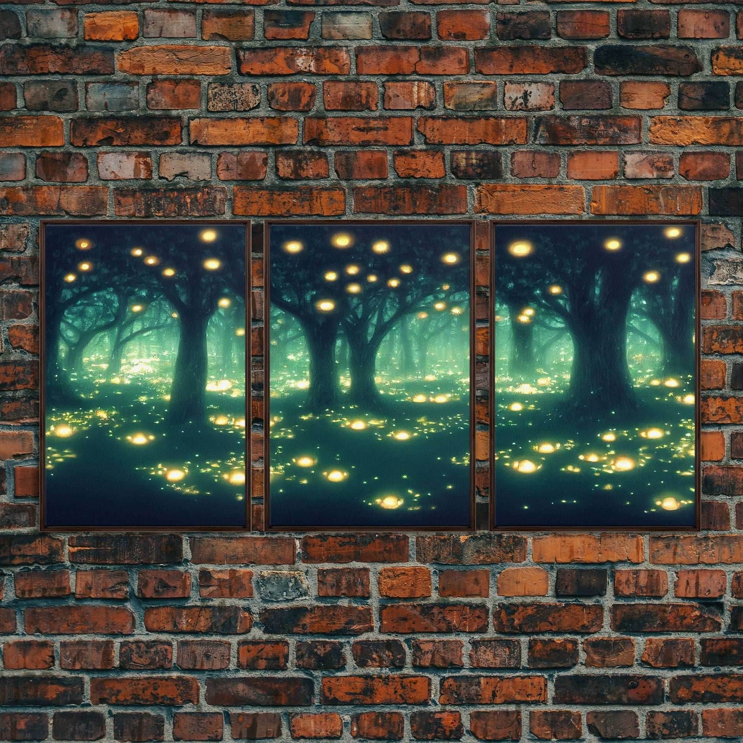 Fantasy forest wall decor, ready to hang 3 piece canvas print, 3 piece wall art, firefly wall art, Fireflies In A Fairy Forest at Night - 8x12 In. - 3 Pieces / Walnut Frame