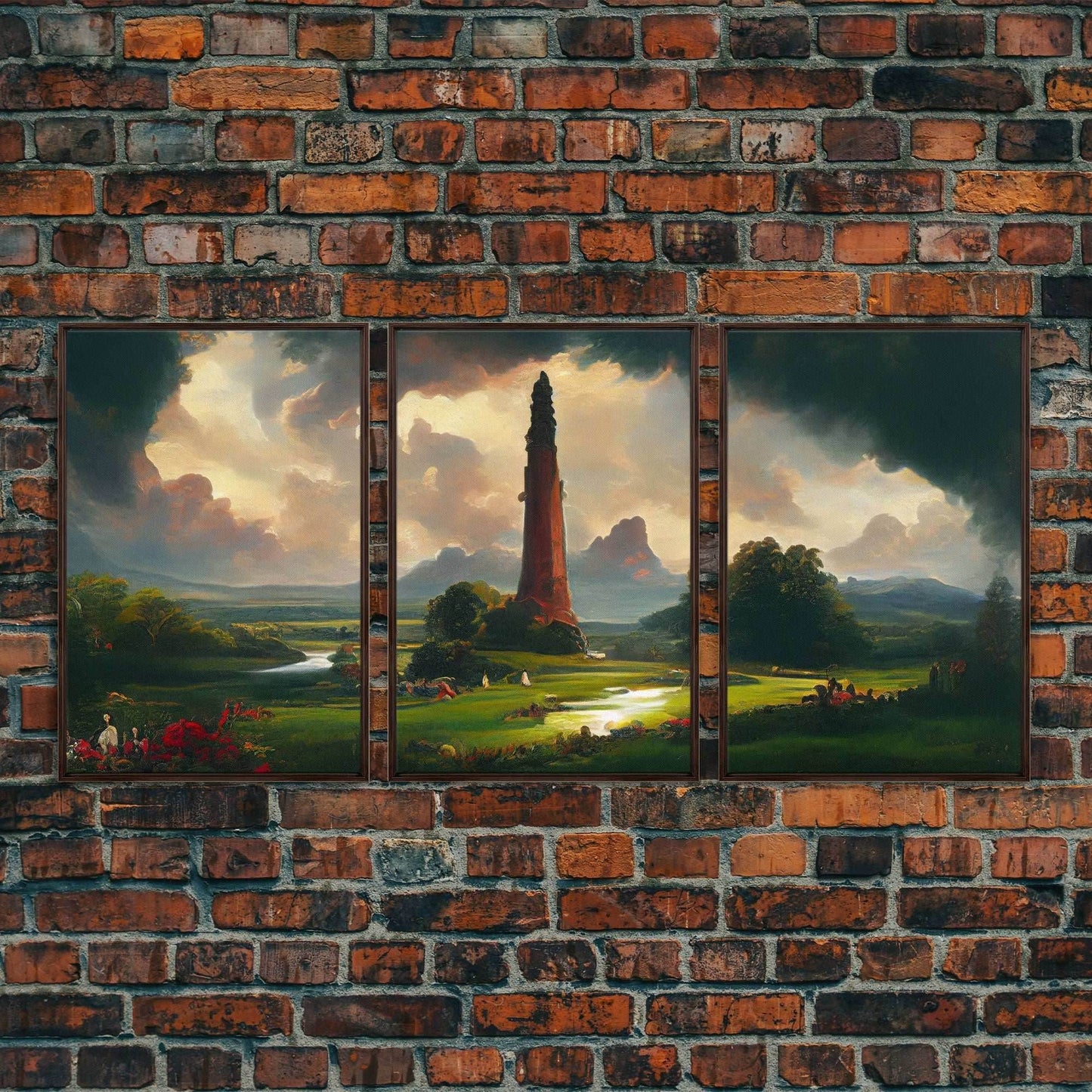The Dark Tower, 3 Piece Panoramic Art, High Fantasy Concept Art, 3 Piece Wall Art, Ready To Hang Canvas Print - 8x12 In. - 3 Pieces / Walnut Frame