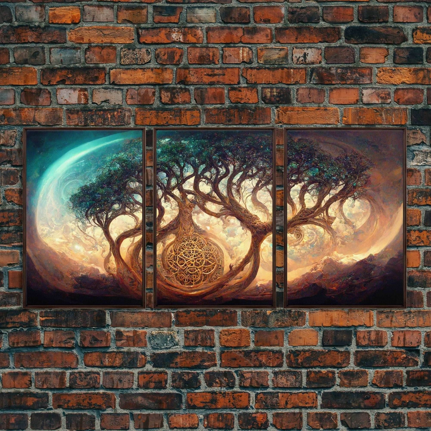 Yggdrasil Tree of Life, Nordic Viking Fantasy Art, Ready To Hang Canvas Print, Cool Living Room Wall Art Decor - 8x12 In. - 3 Pieces / Walnut Frame