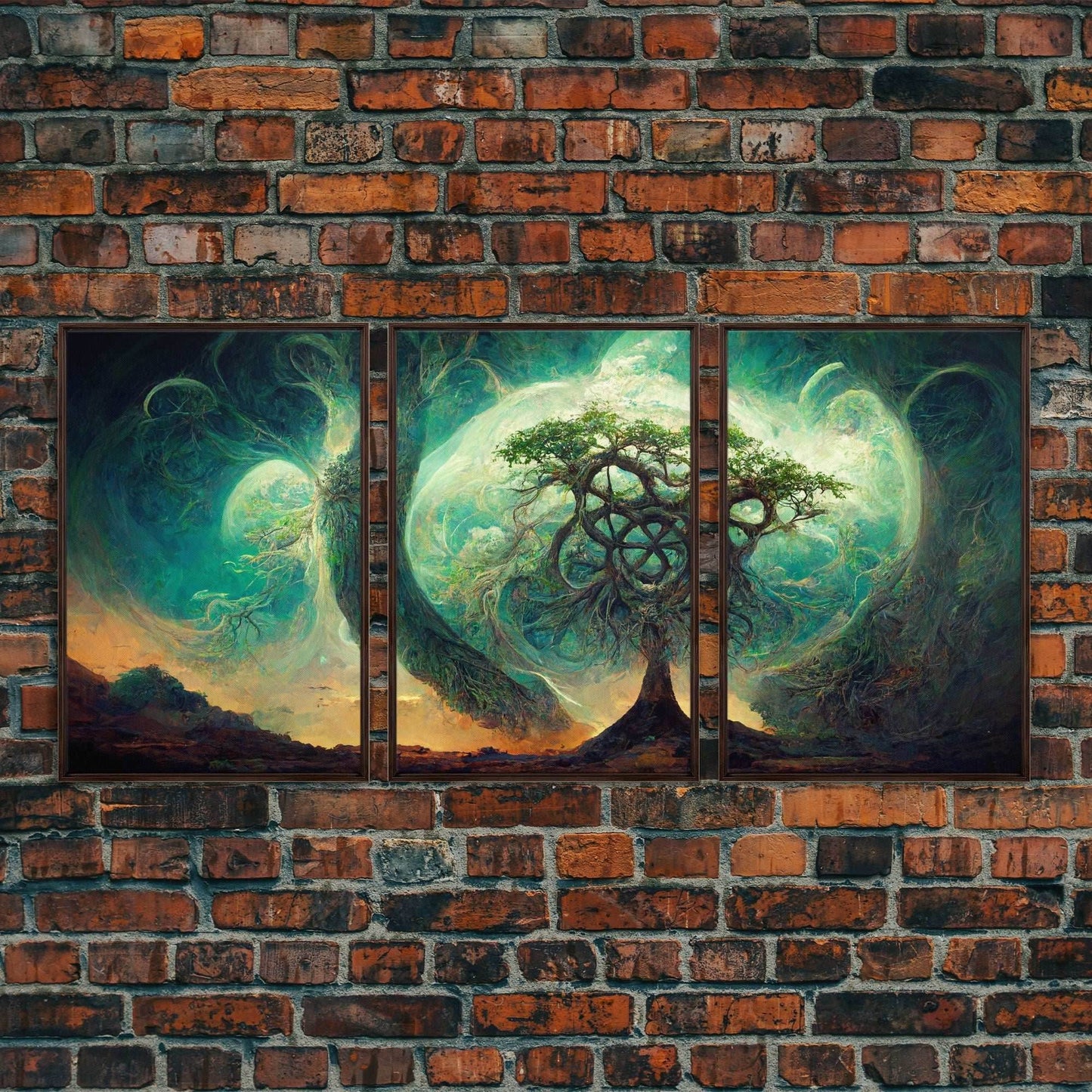 Yggdrasil Tree of Life, Nordic Viking Fantasy Art, Ready To Hang Canvas Print, Cool Living Room Wall Art Decor - 8x12 In. - 3 Pieces / Walnut Frame