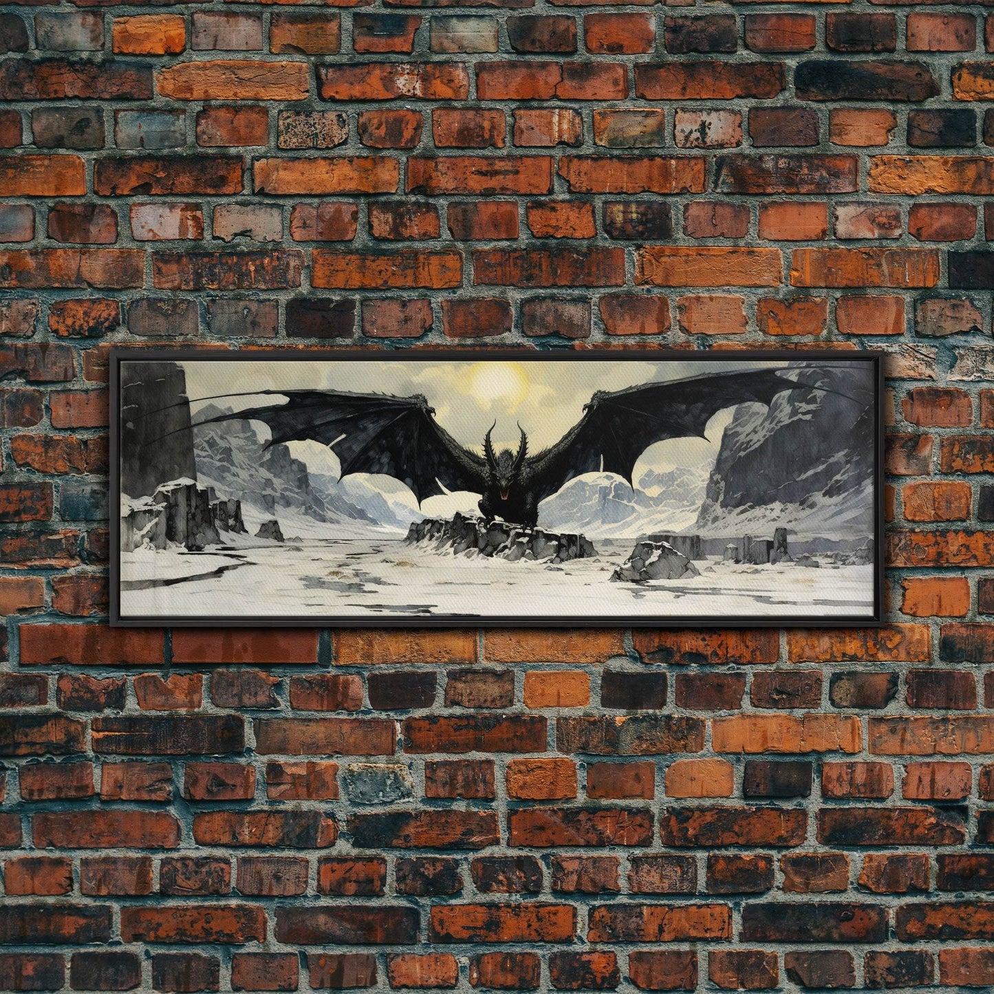 Panoramic Of a Dragon, Framed Canvas Print, Fantasy Decor, Fantasy Dragon Painting - 10x30 Inches / Black Frame