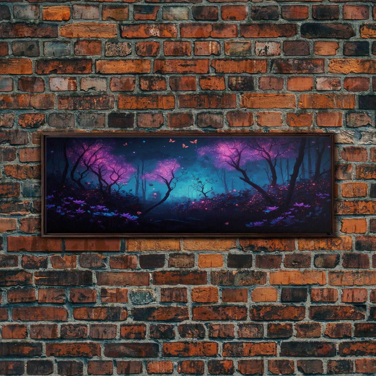 Beautiful Fantasy Forest, Framed Canvas Print, Fantasy Art, Butterflies and Fireflies Light up a Fairy Forest At Night, Framed Wall Art - 10x30 Inches / Walnut Frame