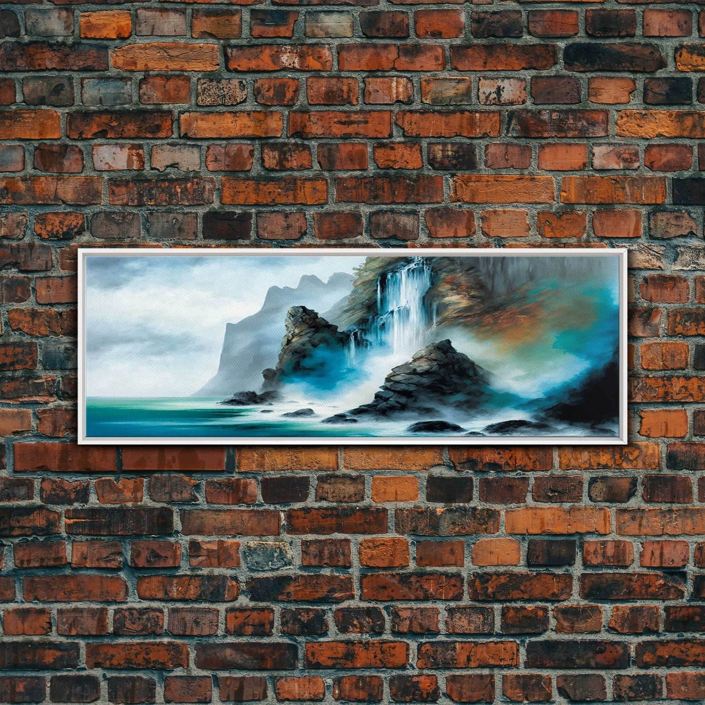 Fantasy Waterfall Canvas Print - Panoramic Landscape Painting - Perfect for Living Room and Bedroom Decor - 10x30 Inches / White Frame