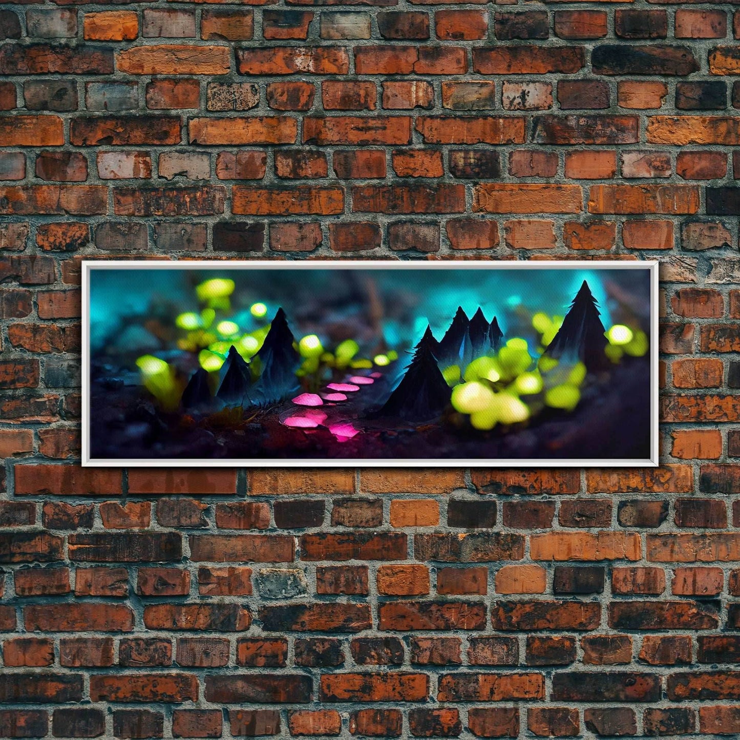Luminescent trail in the forest, fantasy art, RPG concept art, tiny worlds, glowing mushrooms , Ready To Hang Canvas Print, Panoramic Art, - 10x30 Inches / White Frame